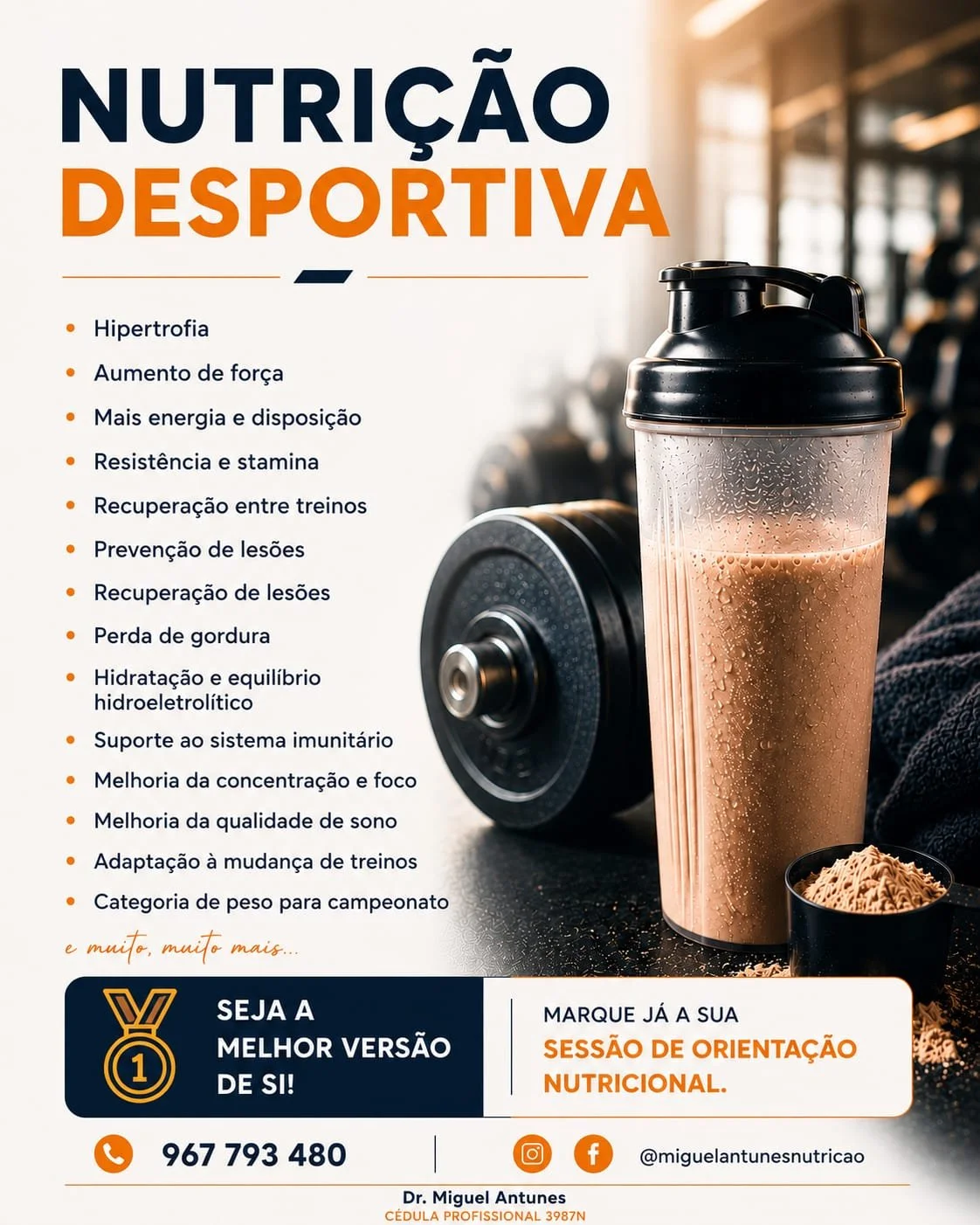 Cartaz sobre nutrição esportiva com lista de benefícios e informações de contato, ao lado de um shaker com bebida e um haltere ao fundo.