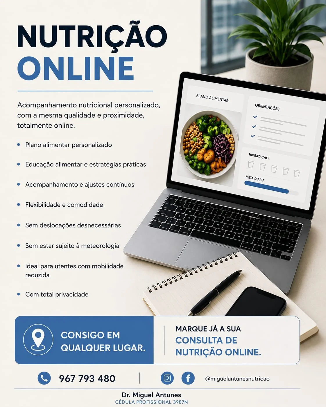 Imagem de uma publicidade de consulta de nutrição online, com uma tela de computador mostrando uma placa de comida saudável, uma planta ao fundo, um caderno e uma controle remoto na mesa. Texto destacando os benefícios do serviço e informações de contato.