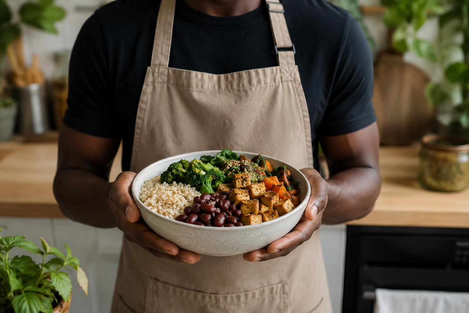 Pessoa segurando uma tigela com arroz, brócolis, tofu, feijão e legumes variados, em uma cozinha com plantas ao fundo.