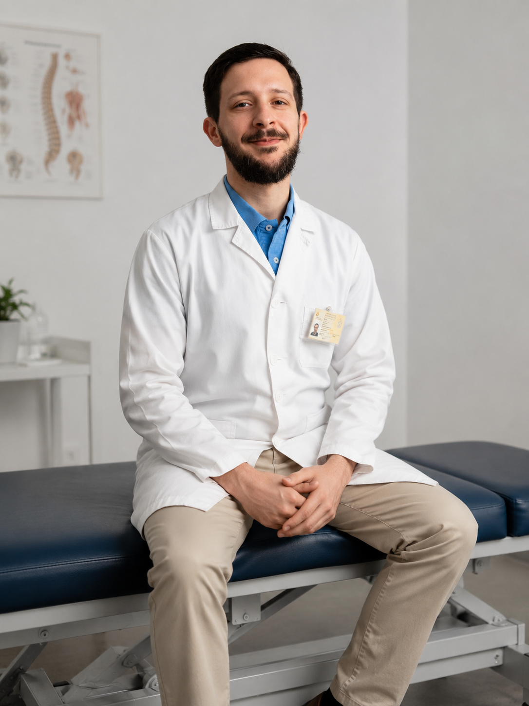 Homem jovem, com barba e cabelo castanho escuro, usando jaleco branco, camisa azul e calças bege, sentado em maca na clínica ou hospital.