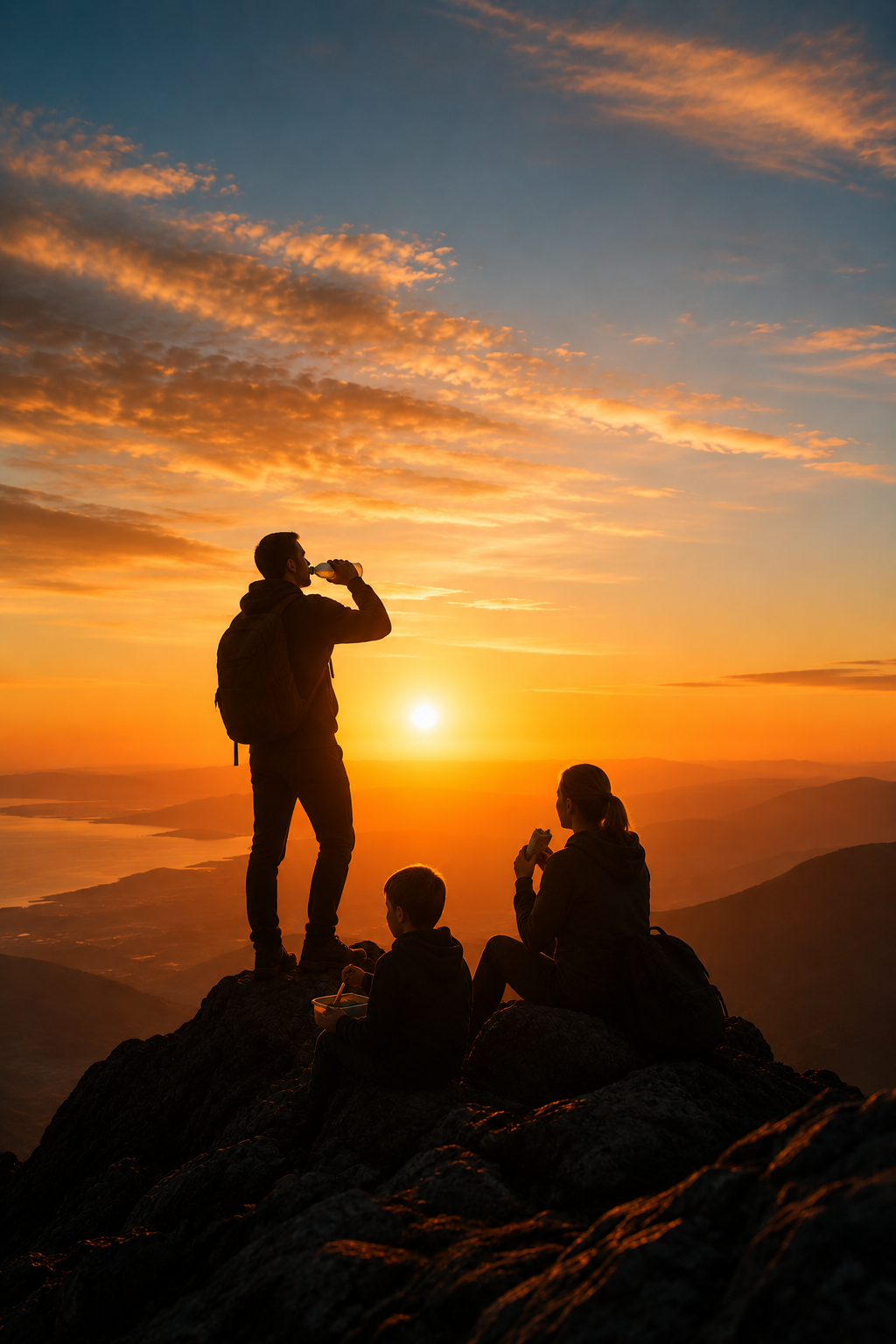 Três pessoas em uma montanha ao entardecer, uma delas bebendo água, enquanto as outras duas estão sentadas e comendo, com um céu colorido ao fundo.