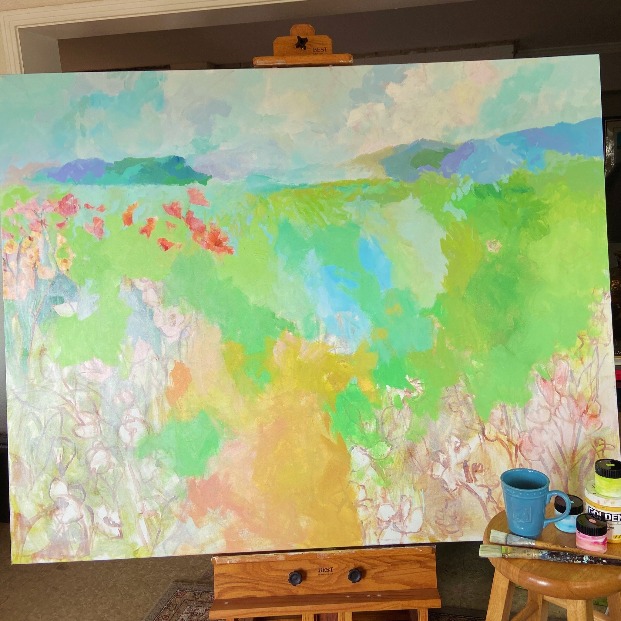 Good morning giant challenge! This 48X60 canvas has been tossed around from garage to garage surviving the move and it&rsquo;s time it got some paint slapped on it. Personally loving these yummy colors and I&rsquo;m up for the challenge. Let&rsquo;s 