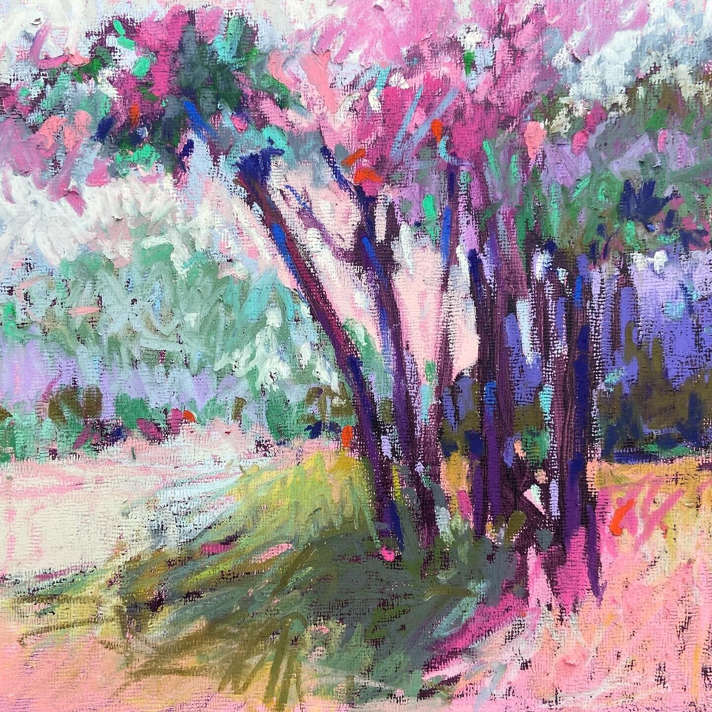 Don&rsquo;t know why? Clearly in a pink mood today. Could be the beautiful pink trees blooming all over Orlando lately. #dailypainting #oilpastel #color #landscapepainting #joycesheltonstudio