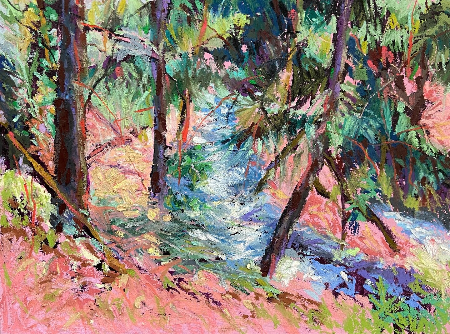 Gregg&rsquo;s creek. Inspired by a photo my son sent me of his backyard in Issaqua, WA. Fun to work on a landscape from a different part of the country. Nature is so beautiful and inspiring- everywhere!! #oilpastel #landscape #painting #joycesheltons