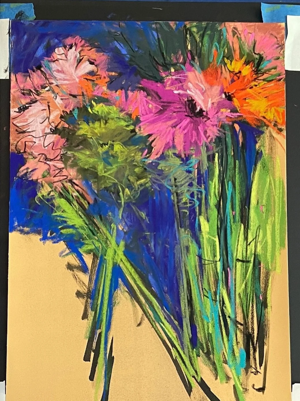In the works. Trying to keep it loose and happy! Oh how I love to scribble!! #pastel on #pastelmat which is turning out to be a new favorite substrate. #floral #painting #flowerart #softpastelpainting #colorful #joycesheltonstudio