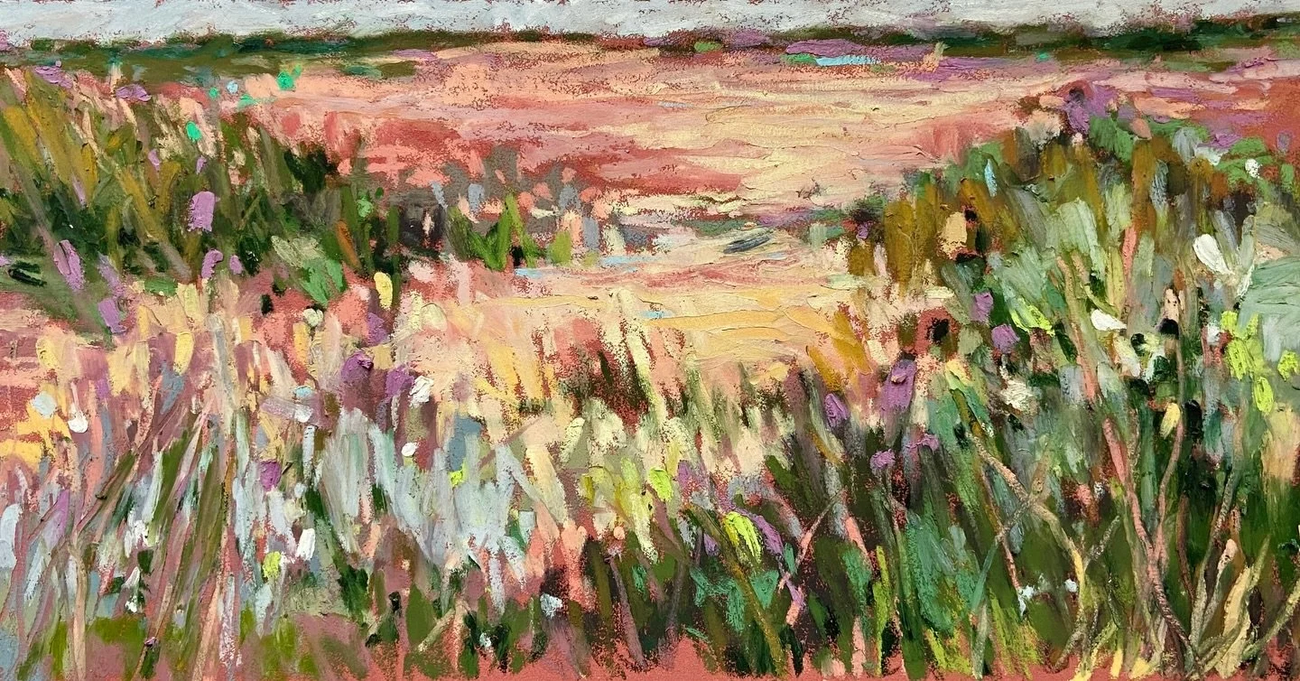 Oil pastel on the gorgeous sanguine colored Clairfontaine Pastelmat. I have about 10 or 12 sketches I had done at the Apopka wetlands during the lockdown and I would love to create a series from them. Seemed like a good day to experiment. I love this