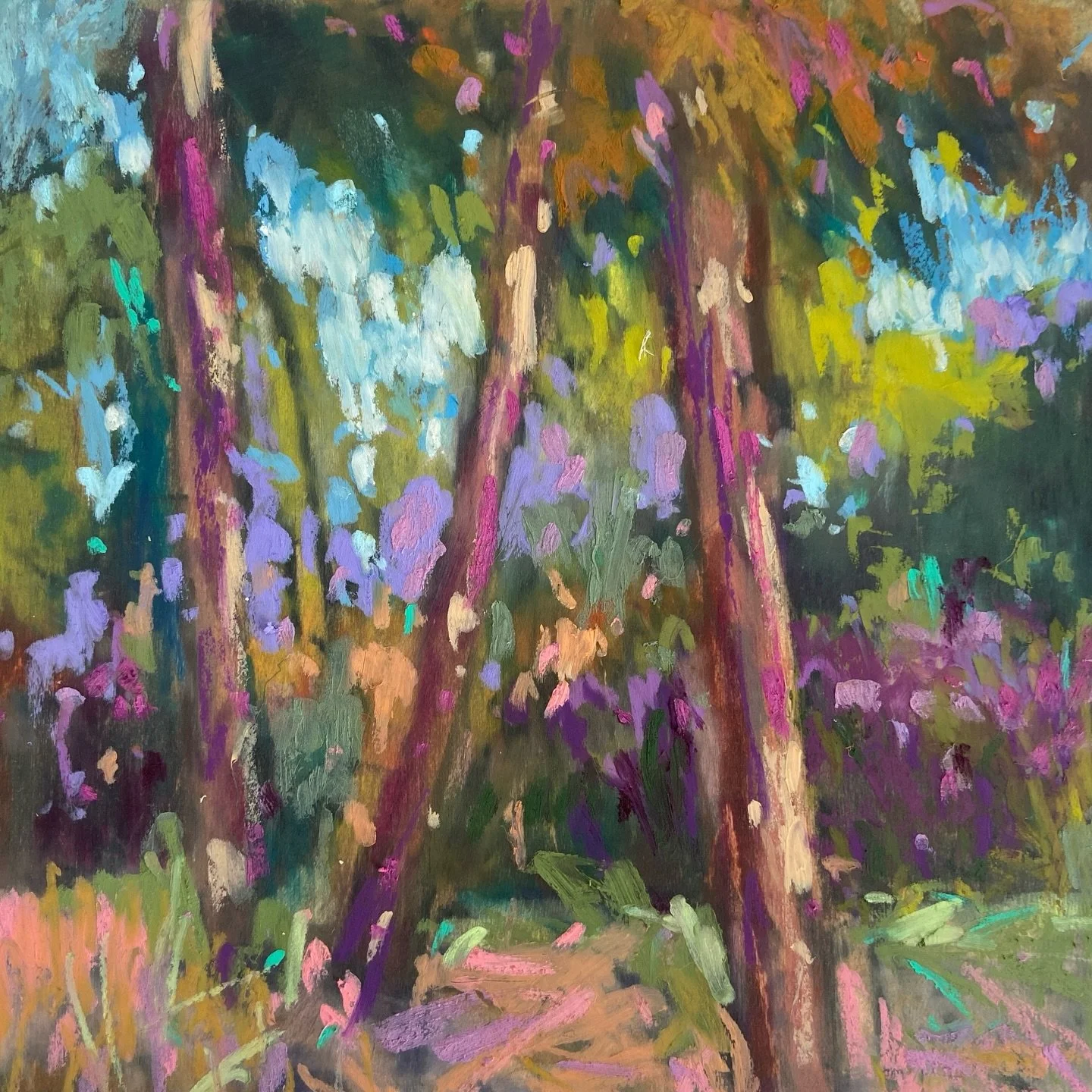 Oil pastel. Soon to be available on my website&rsquo;s small affordable art page. This one is 6x6 painted on cradled wood and ready to hang or sit on a shelf. My first big plein air event is coming up soon so I am busy practicing and deciding whether