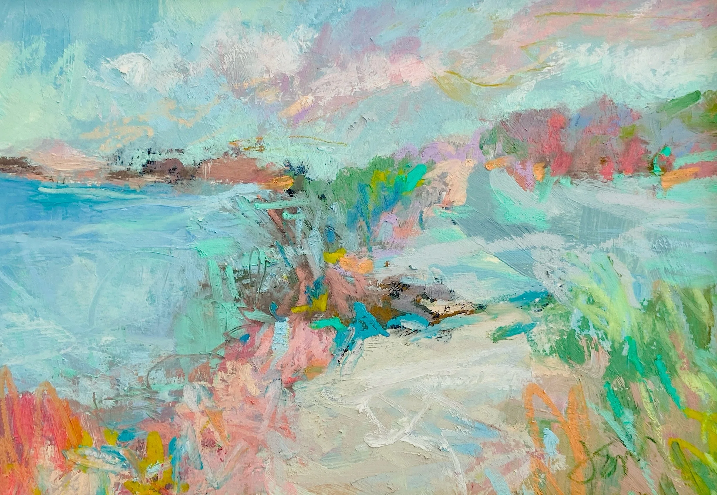 Exploring mixed media landscapes in a softer color palette lately. Using only three primary colors and white. #acrylic #oilpastels #abstract #landscapes  #joycesheltonstudio