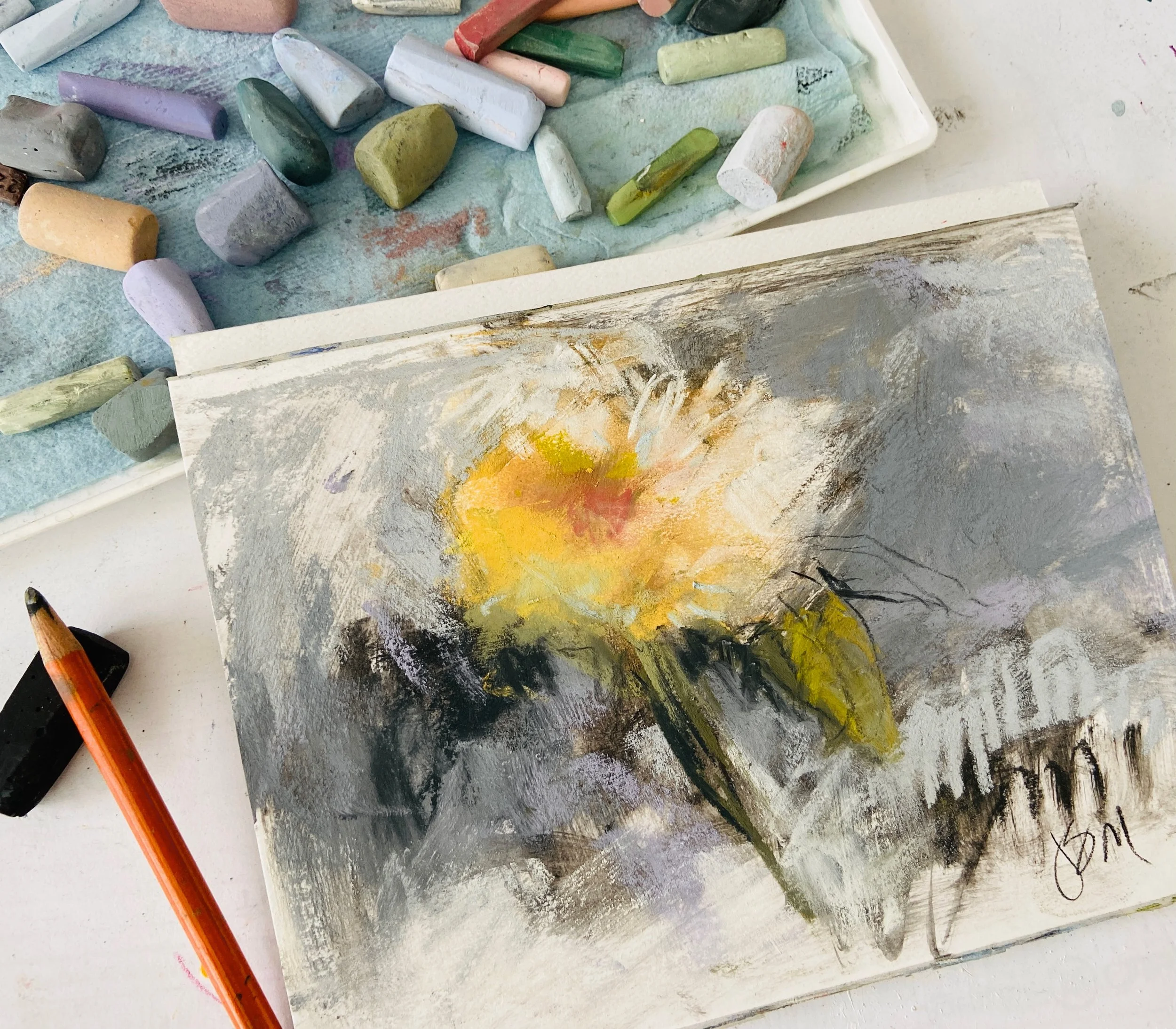 Quick- 15 minute warm up sketch. Swipe for closeup- not much detail. Just the way I like it! Charcoal and soft pastel. #pastel #floral #joycesheltonstudio
