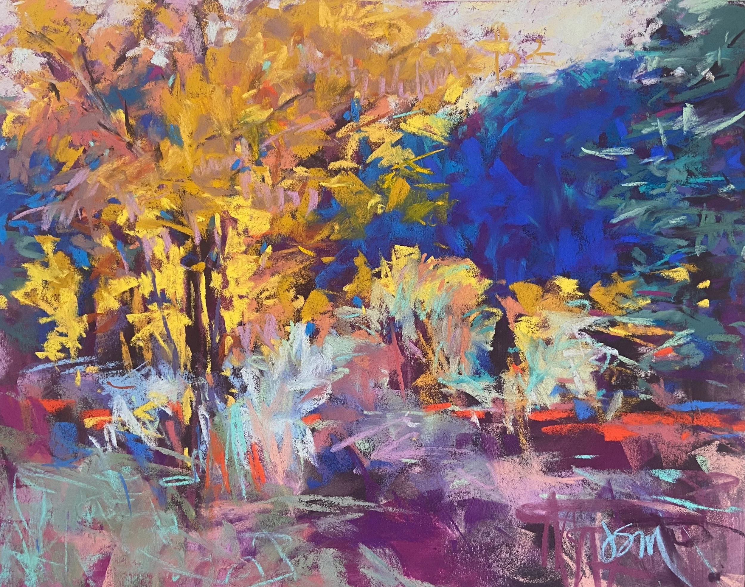 Is it odd that I feel inspired to paint autumn colors in 99 degree summer Florida heat?#Sunvalley Aspens from my memory of that beautiful place. Loving these rich colored pieces framed in white! (Swipe) Soft #pastel on #LuxArchival sanded paper. Drea