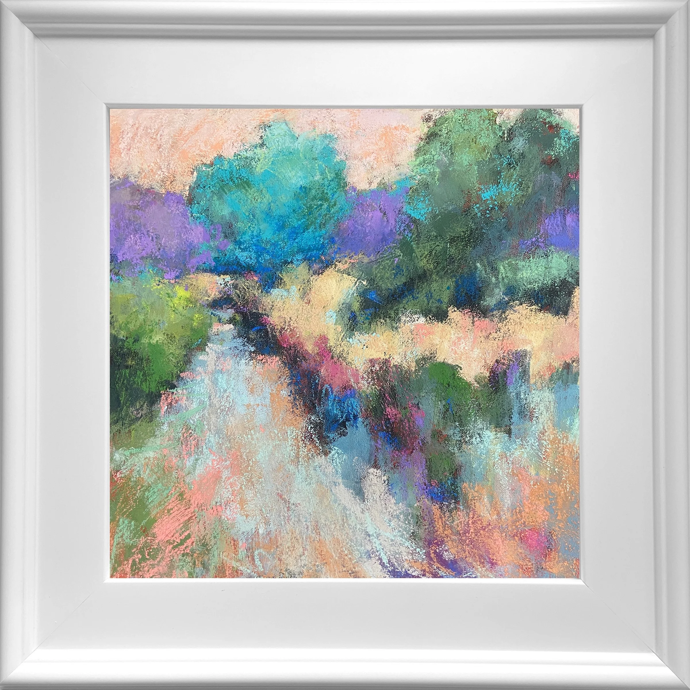 One more colorful Saturday landscape. Charcoal, and acrylic under painting sealed with clear gesso then covered with pastel primer and finished off with soft pastels. Kinda sounds like a recipe for baking a cake! Definitely keeps me looser- can&rsquo