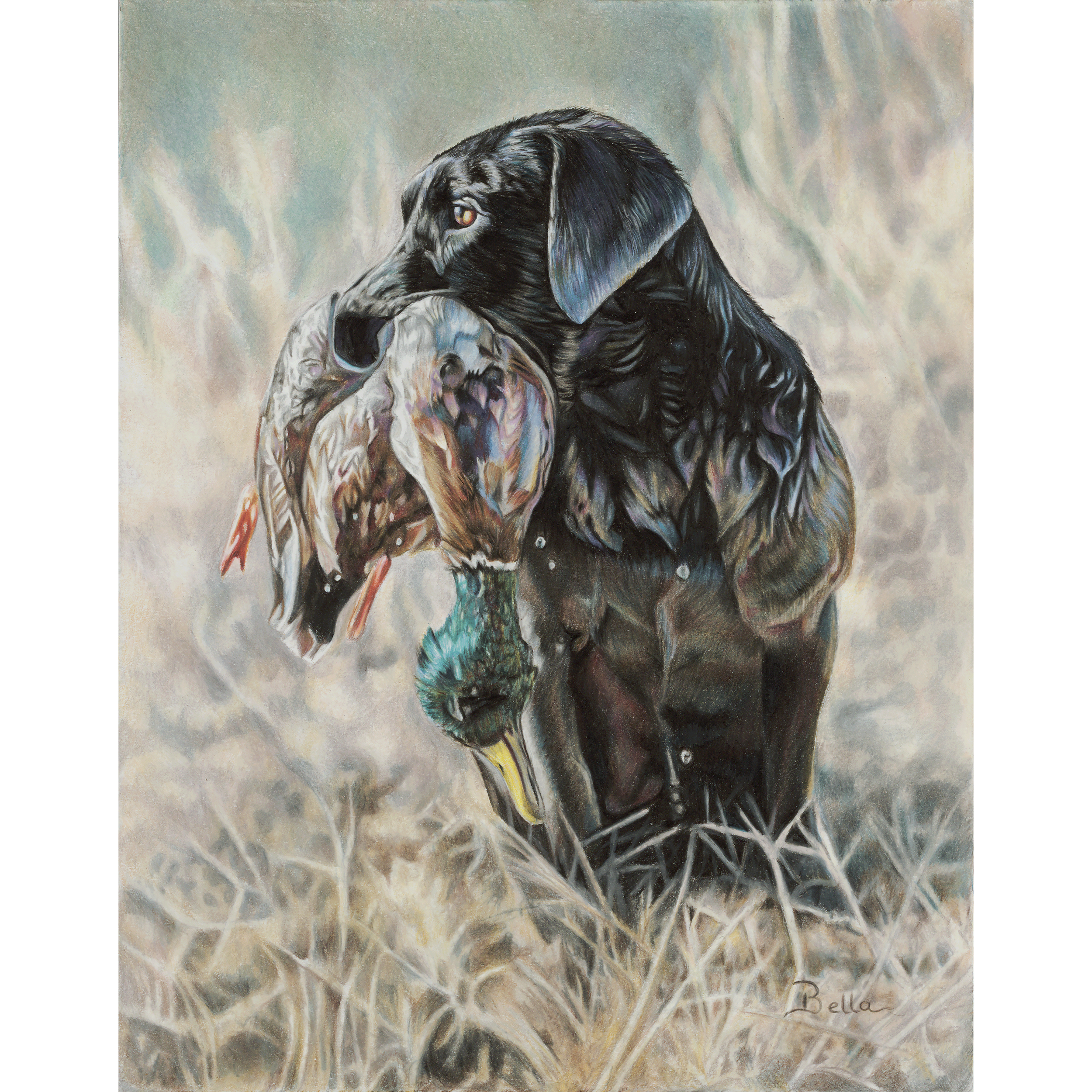 Painting of a dog, possibly a black retriever, with a smaller dog in front of it, set against a neutral textured background with the artist's signature 'Bella' at the bottom right.