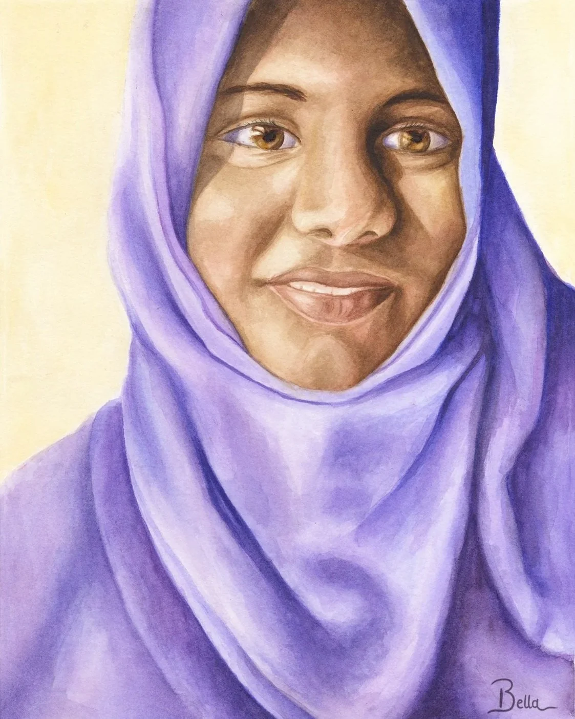 A realistic painting of a woman wearing a purple hijab, smiling softly, with warm brown eyes and natural makeup.