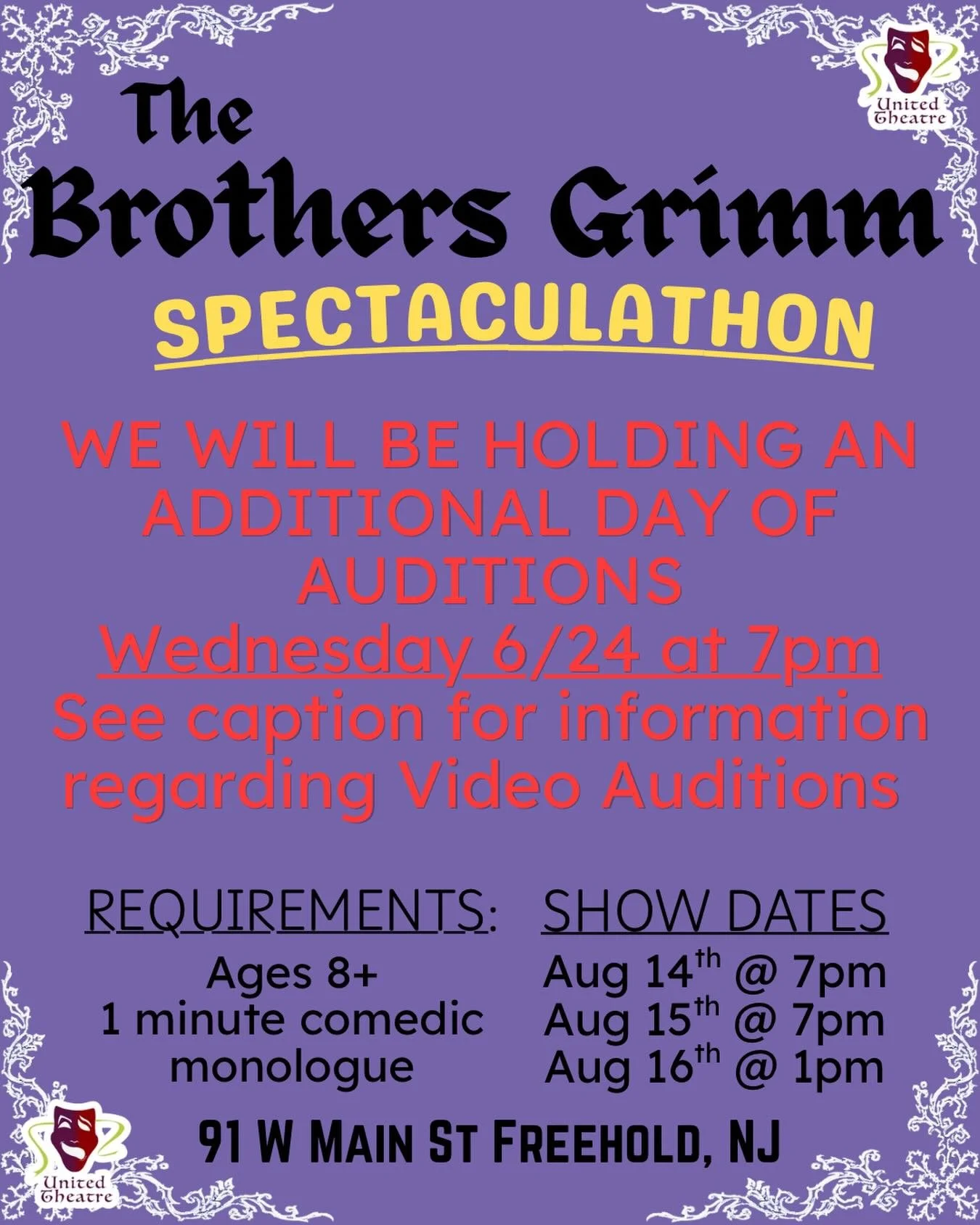 There&rsquo;s still a chance to audition for this wildly hilarious comedic play! Join us Wednesday, June 24 at 7 PM or send us a video of your monologue (monologue does not need to be memorized).

Video Auditions can be sent no later than June 24th 1