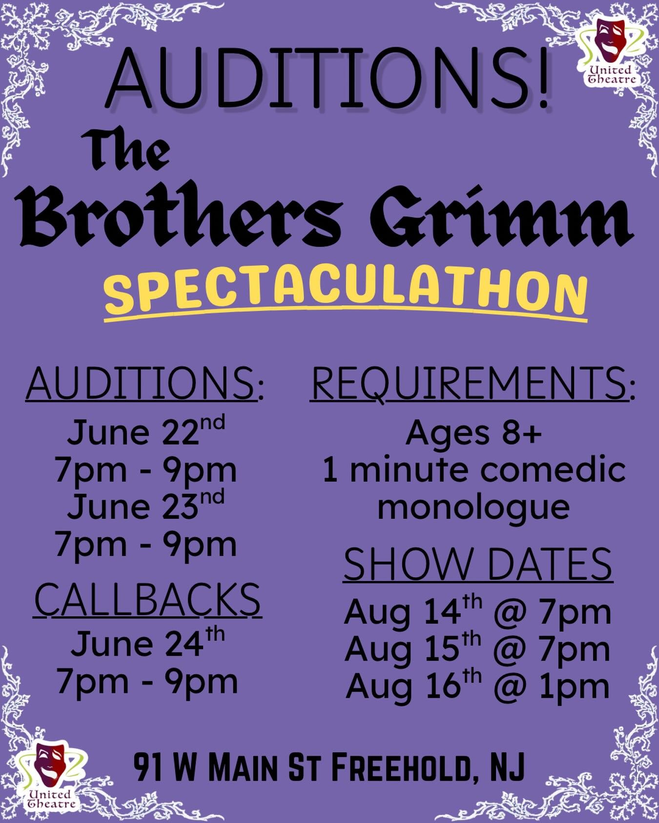 United Theatre invites you to audition for our upcoming production of &ldquo;The Brothers Grimm Spectaculathon&rdquo;!

Are you ready to bring a comedic twist to classic fairy tales? We&rsquo;re looking for enthusiastic actors, ages 8 and older, to j