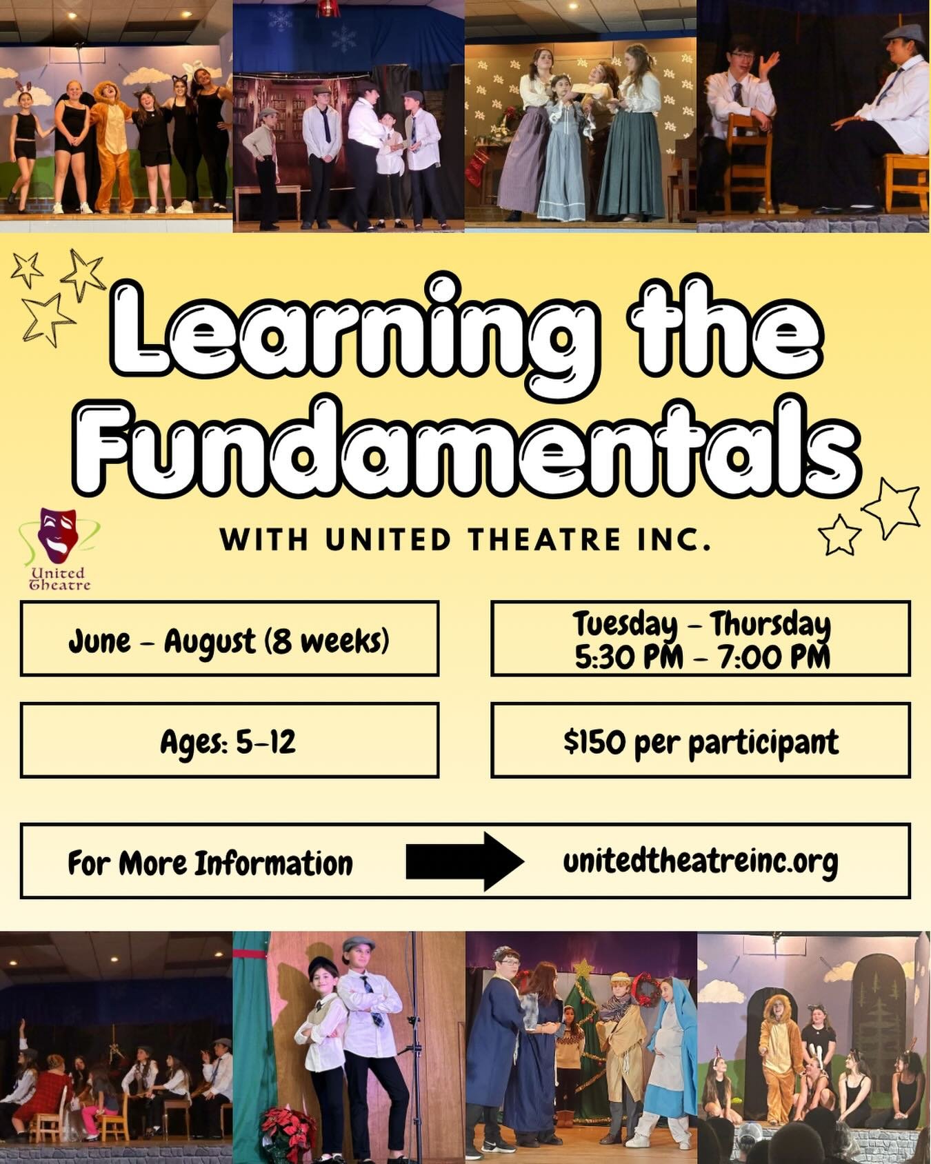 United Theatre is hosting an 8-week summer theatre workshop designed for children ages 5&ndash;12, supported by High Schoolers learning behind-the-scenes skills. This program will provide a fun, supportive environment where participants can explore t