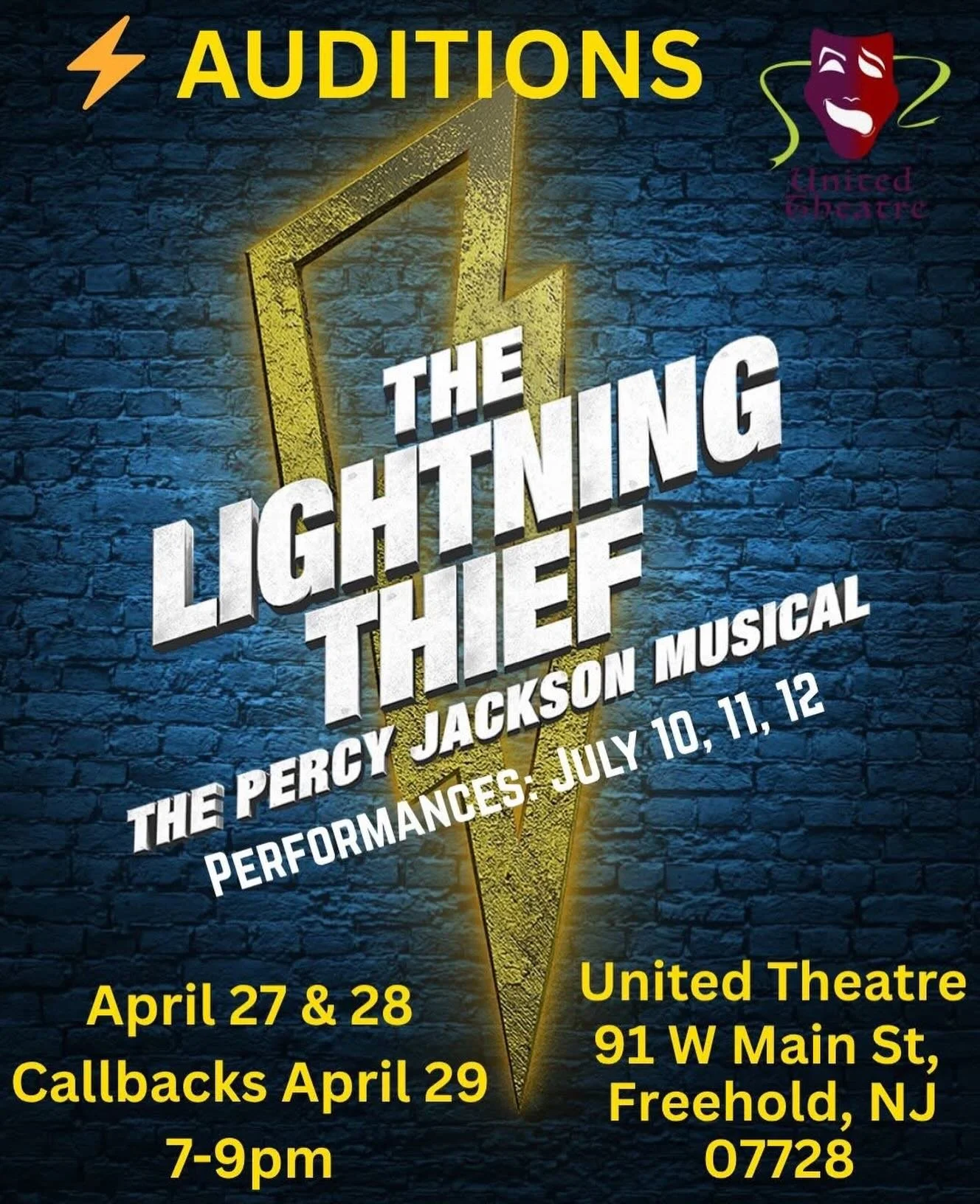 ⚡ Audition Notice ⚡
⚡ The Lighting Thief- The Percy Jackson Musical ⚡
Monday, April 27 &amp; Tuesday, April 28, 7-9pm
Callbacks: April 29, 7-9pm
91 W Main St. Freehold, NJ

🎶 In person auditioners should prepare 16 bars of a song either in the style