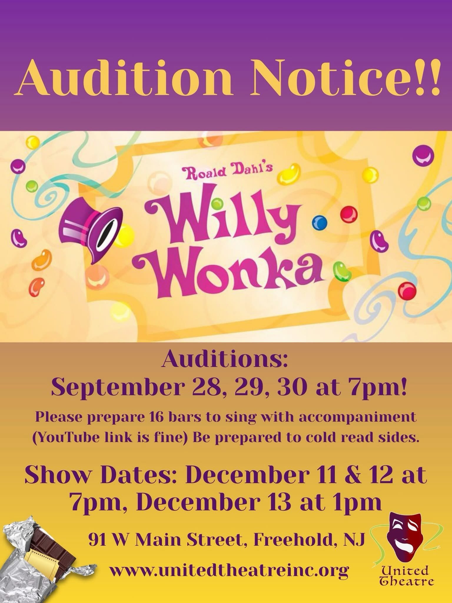 🍫 A SWEET Audition Notice!! 🍫
🎶 &ldquo;Come with me, and you&rsquo;ll be... In a world of pure imagination&rdquo; 🎶
