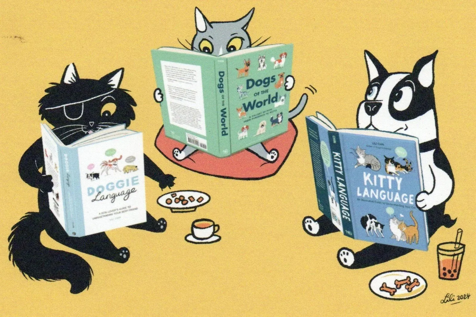 Postcard image by  Lili Chin of two cats and one dog reading her three books on dogs and cat language.
