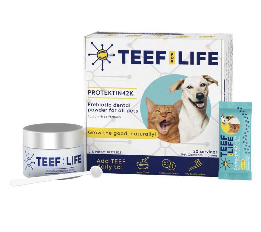 *Tired of doggie breath? Want cleaner teeth and lower dental bills for your pup? Try Teef. We use it for our cat and she has very healthy teeth and no bad breath! It's a pre-biotic supplement that works with your pet's natural biome to combat the odo