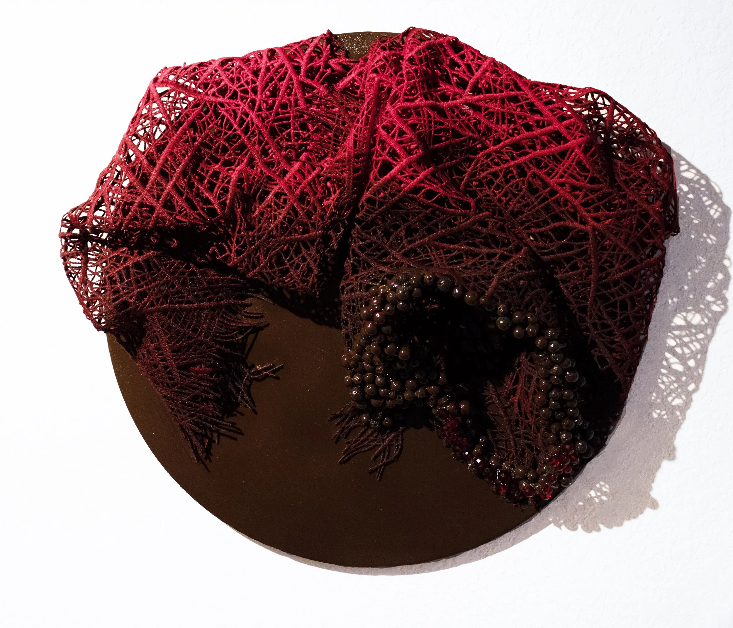 "Soft Shell"
Oil, acrylic, lace, and beads on panel 
10" in. diameter
2026