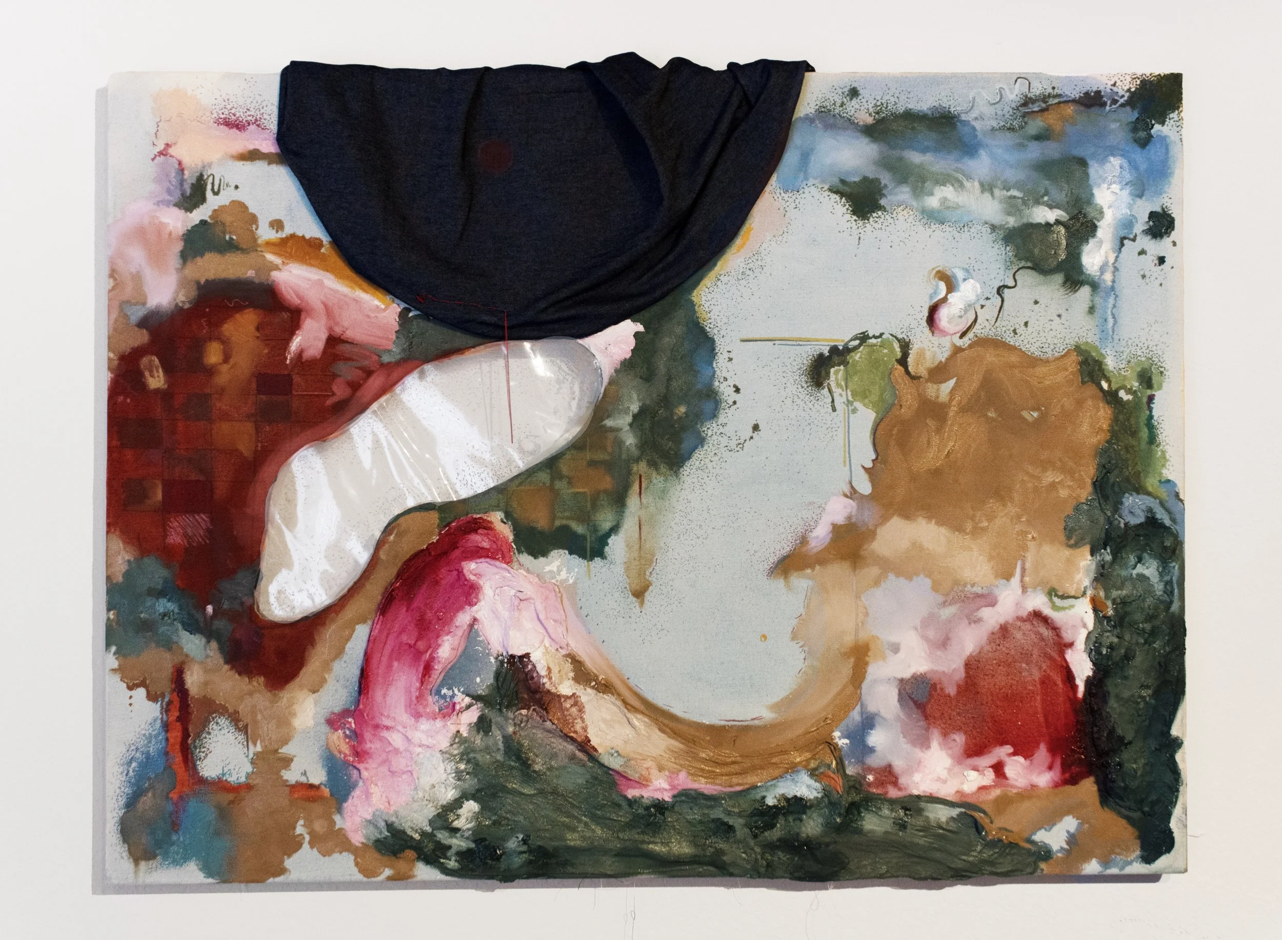 "Why Did It Take So Long?"
Acrylic, denim, jelly vinyl, oil, oil pastel, plaster, and string on canvas.
30" x 40" in. 
2026