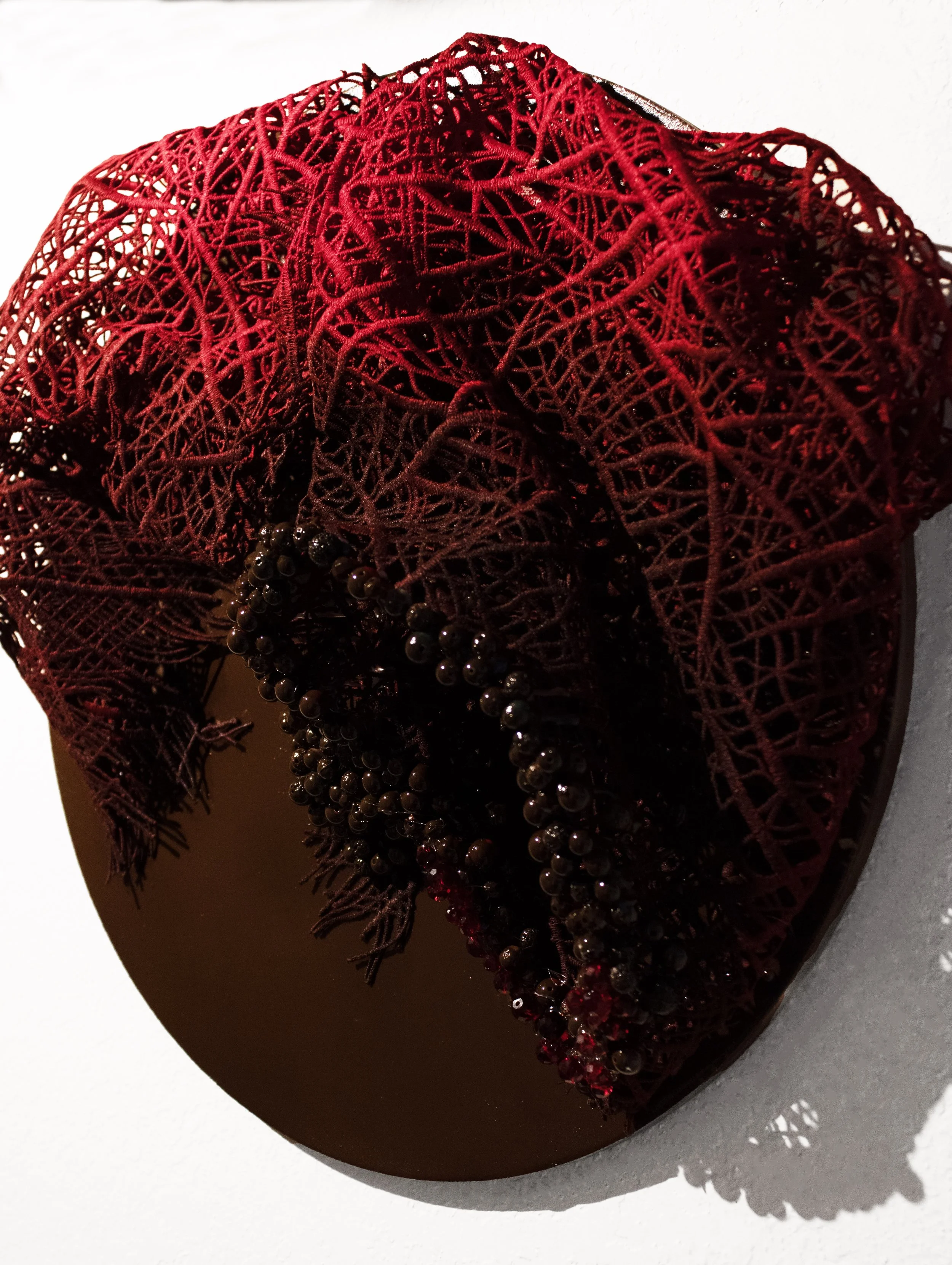 "Soft Shell"
Oil, acrylic, lace, and beads on panel 
10" in. diameter
2026
(Close-up Image 1)