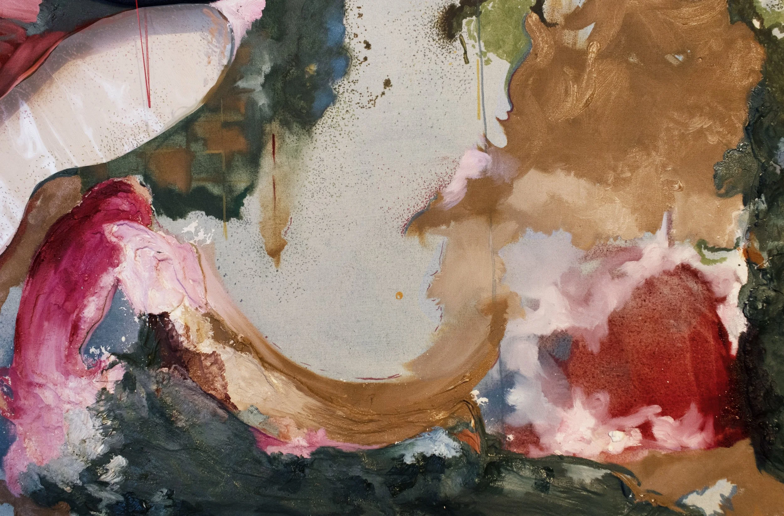"Why Did It Take So Long?"
Acrylic, denim, jelly vinyl, oil, oil pastel, plaster, and string on canvas.
30" x 40" in. 
2026
(Close-up Image 1)