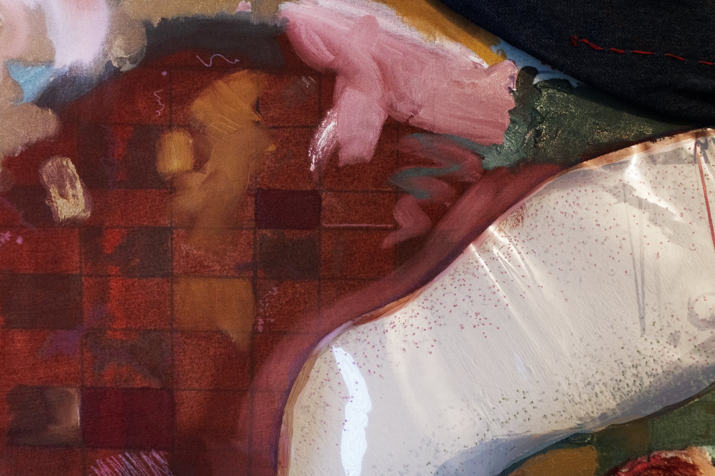 "Why Did It Take So Long?"
Acrylic, denim, jelly vinyl, oil, oil pastel, plaster, and string on canvas.
30" x 40" in. 
2026
(Close-up Image 2)