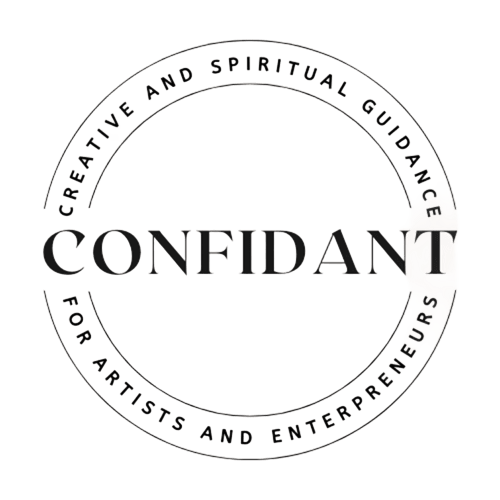 Logo for CONFIDANT brand with circular text reading 'Creative and Spiritual Guidance for Artists and Entrepreneurs' surrounding the word 'Confidant'.