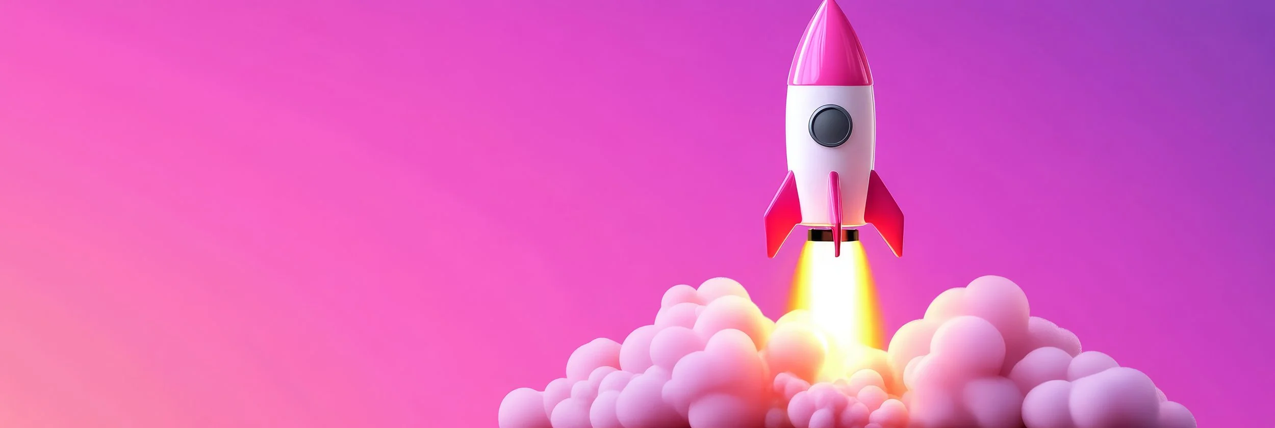 Pink and white toy rocket launching with smoke against a pink and purple gradient background.