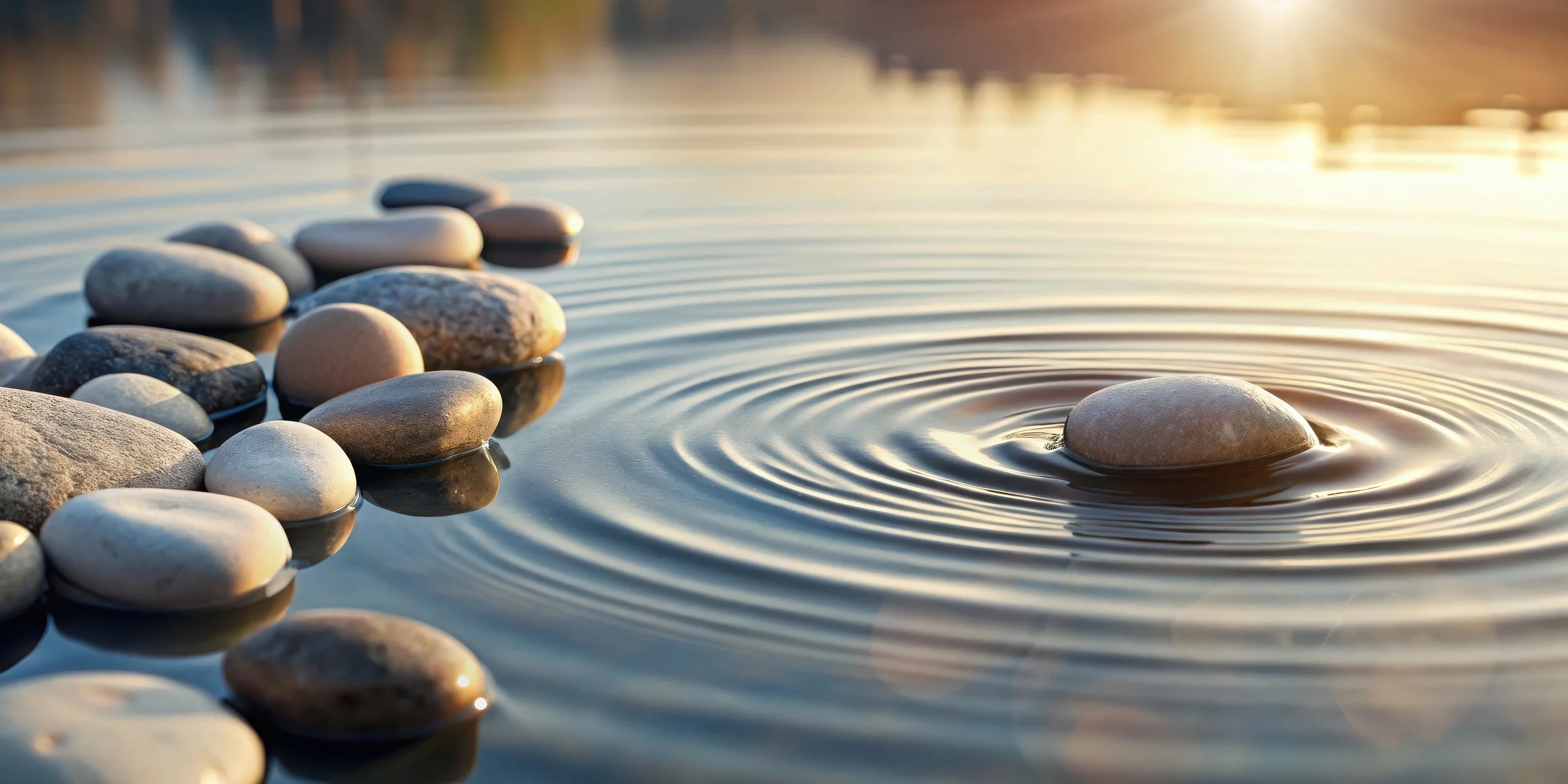 Close-up of smooth, round stones along the edge of a calm body of water with gentle ripples, during sunset or sunrise.