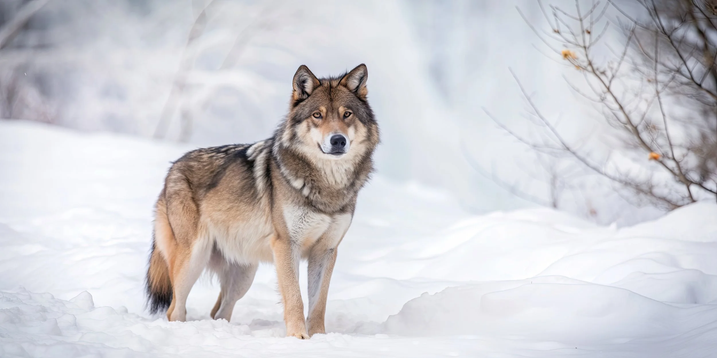 A wolf standing in snow-covered landscape with bare trees in the background.
