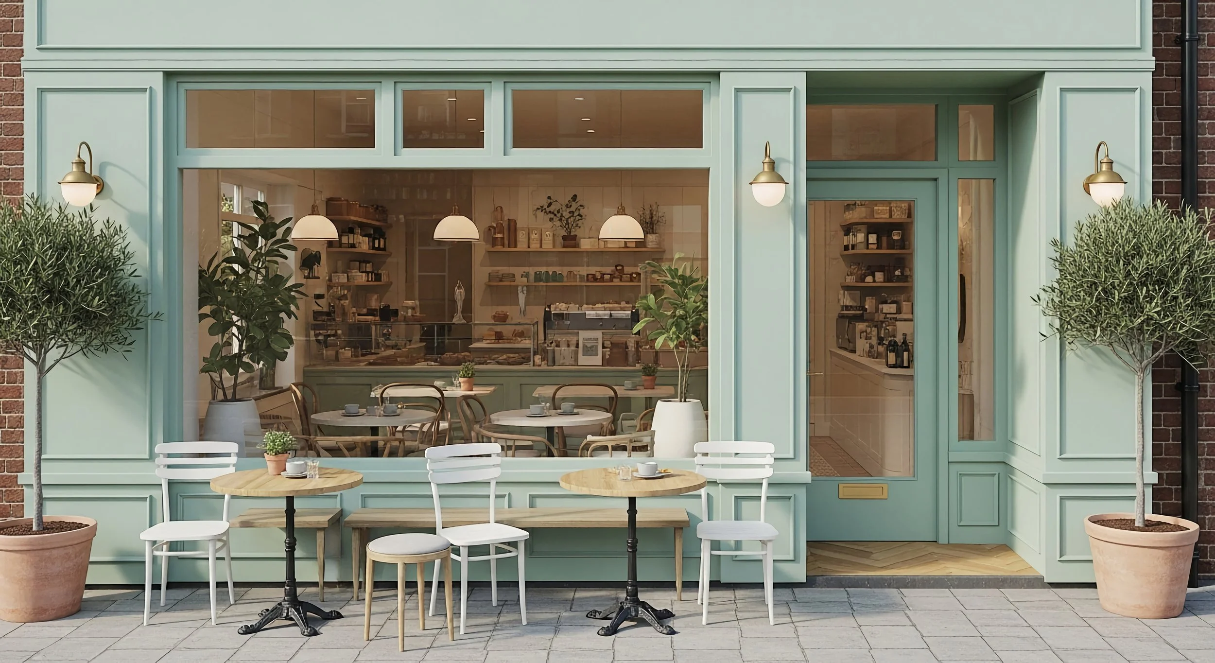 Exterior view of a pastel green cafe with outdoor seating, including two small round tables and four chairs, flanked by potted trees, and a large window revealing the cozy interior with tables, shelving, and pendant lighting.
