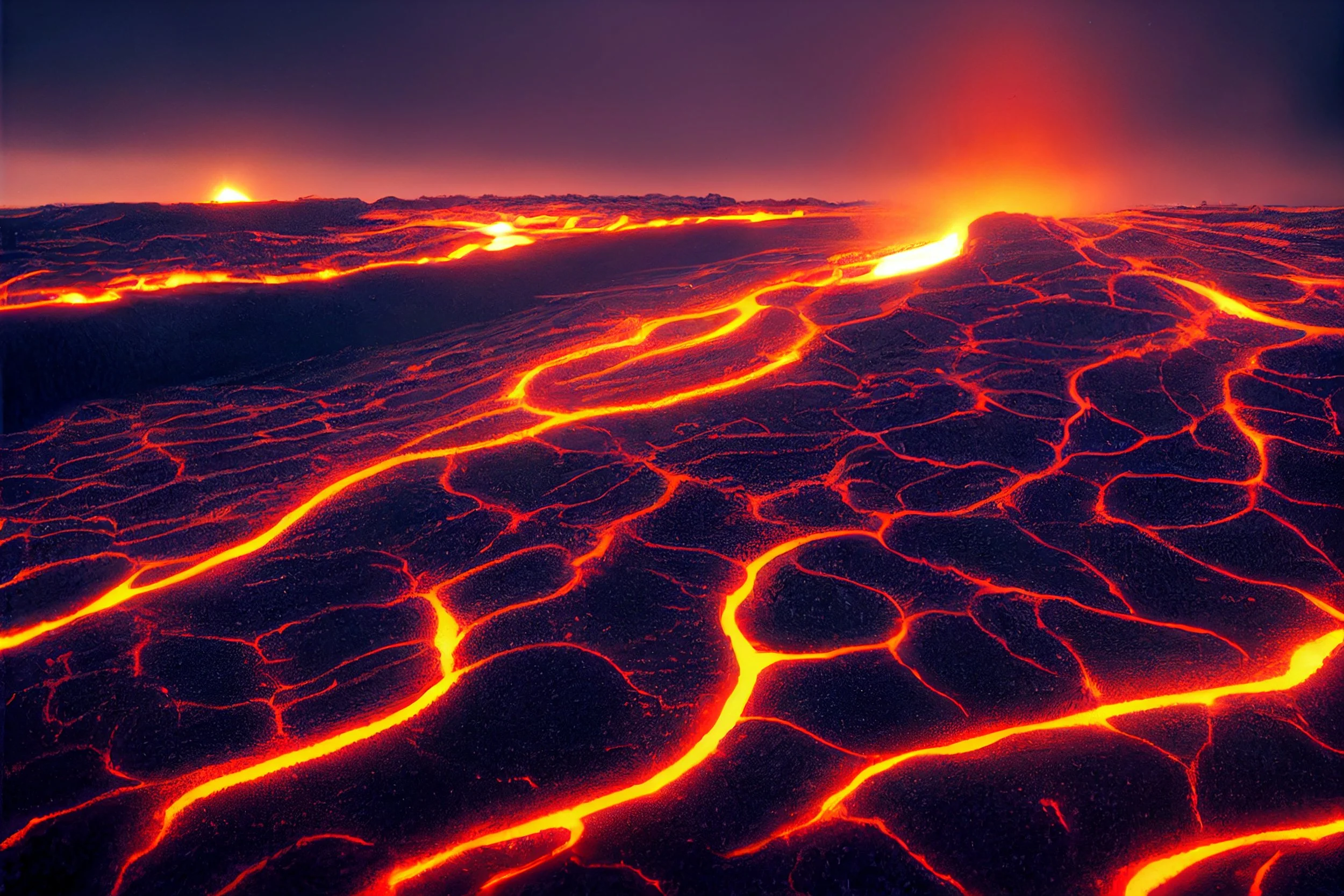Lava flowing across a volcanic landscape during sunset or sunrise.
