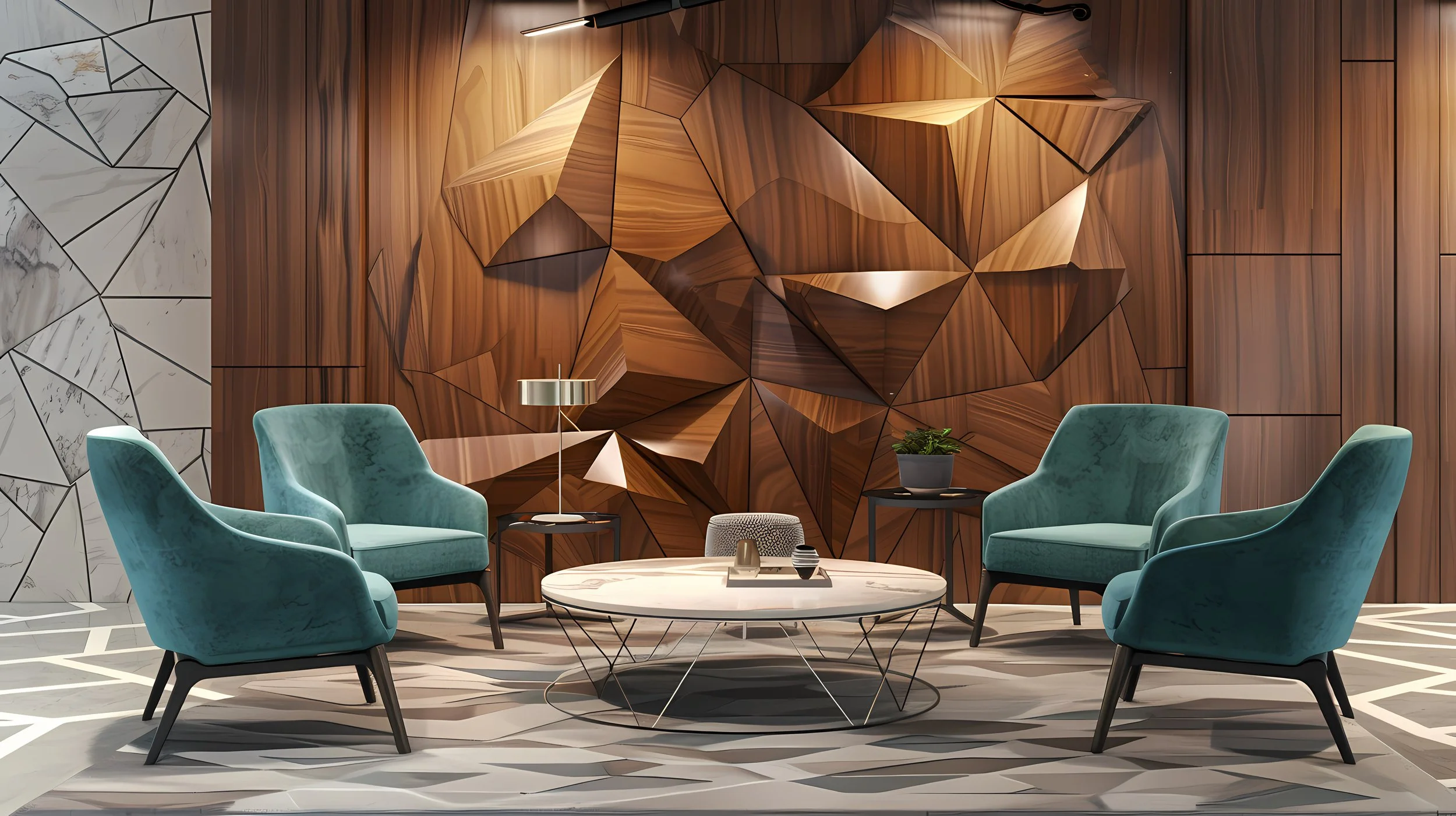 Modern lounge with four teal armchairs arranged around a round coffee table, wooden geometric wall art, and side tables with decor