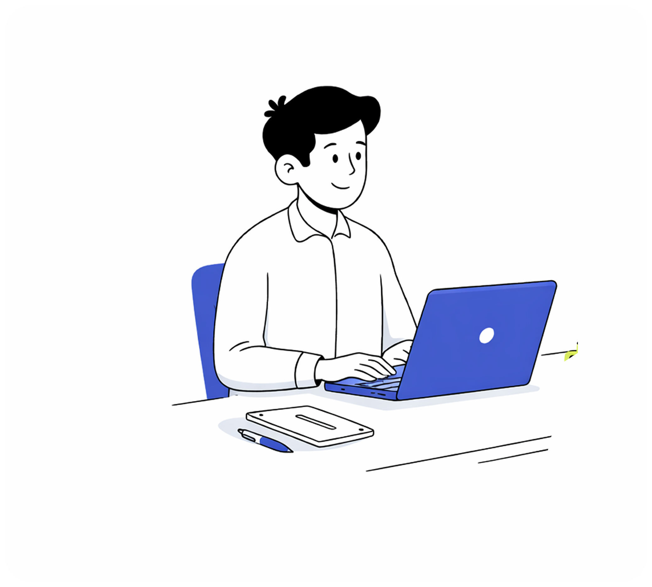 Illustration eines Mannes, der an einem Laptop arbeitet, mit einem Notizbuch und einem Stift auf dem Tisch.