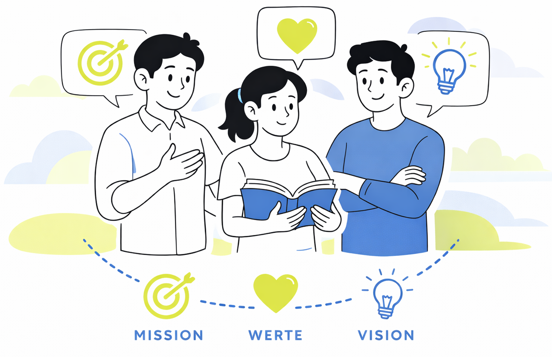 Drei Menschen, die sich unterhalten, während das Mädchen ein Buch hält, mit Symbolen für Ziel, Herz und Idee über ihren Köpfen. Darunter die Begriffe "Mission", "Werte" und "Vision".