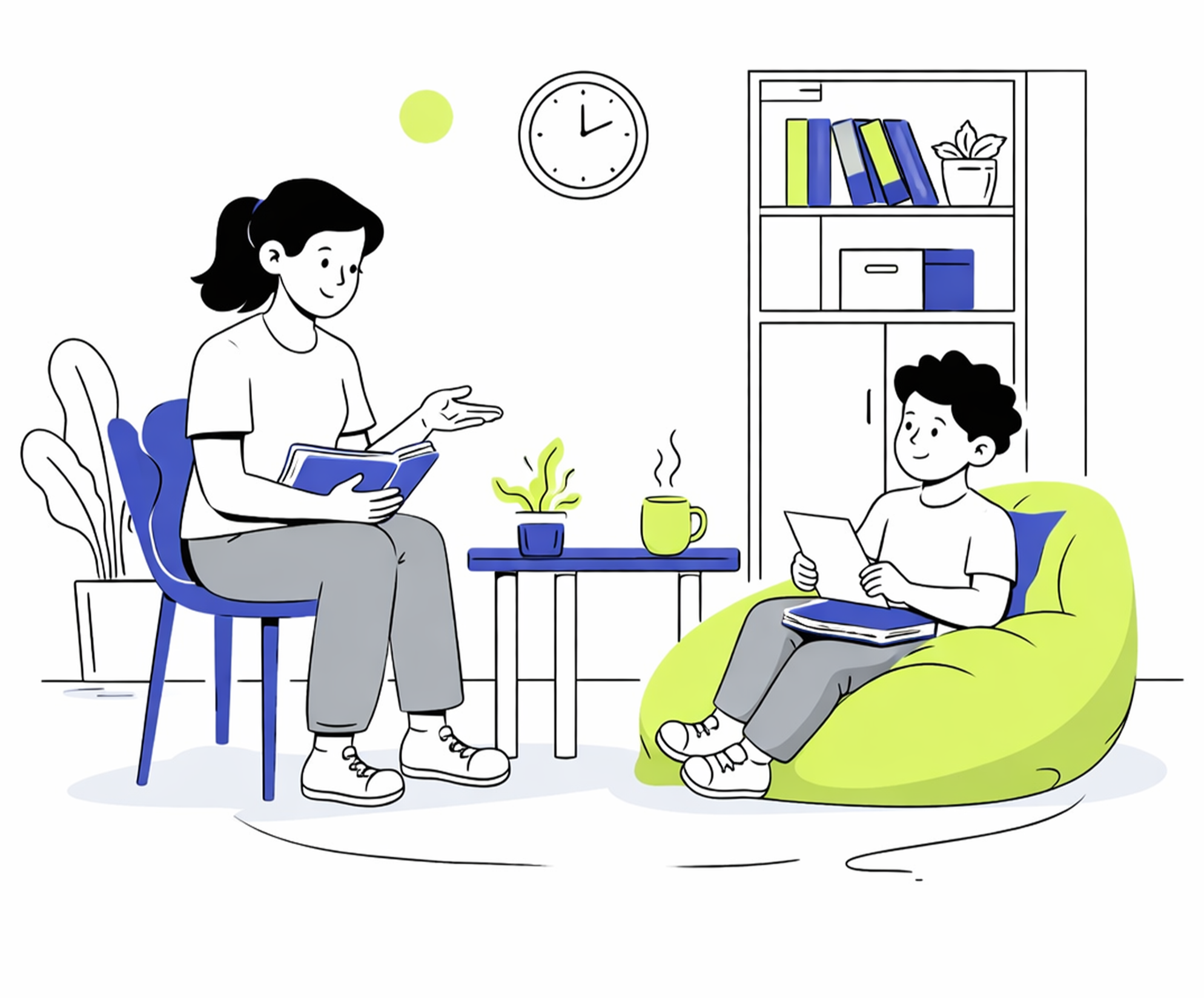 Zwei Kinder sitzen im Raum, eines auf einem Stuhl mit Buch in der Hand und das andere auf einer grünen Sitzsack mit Tablet. Es gibt eine kleine Tabelle mit einer Pflanze und einer Tasse, im Hintergrund ein Bücherregal und eine Uhr an der Wand.