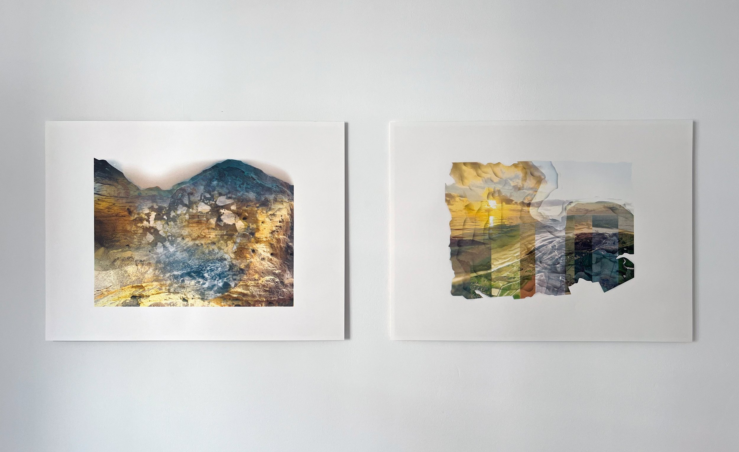 'Ground Water' exhibition at GroundWork Gallery, Norfolk. 'Deep Time in Dersingham Bog' and 'Glacial Pasts at Hunstanton', screen prints, 76 x 56 cm, 2025
