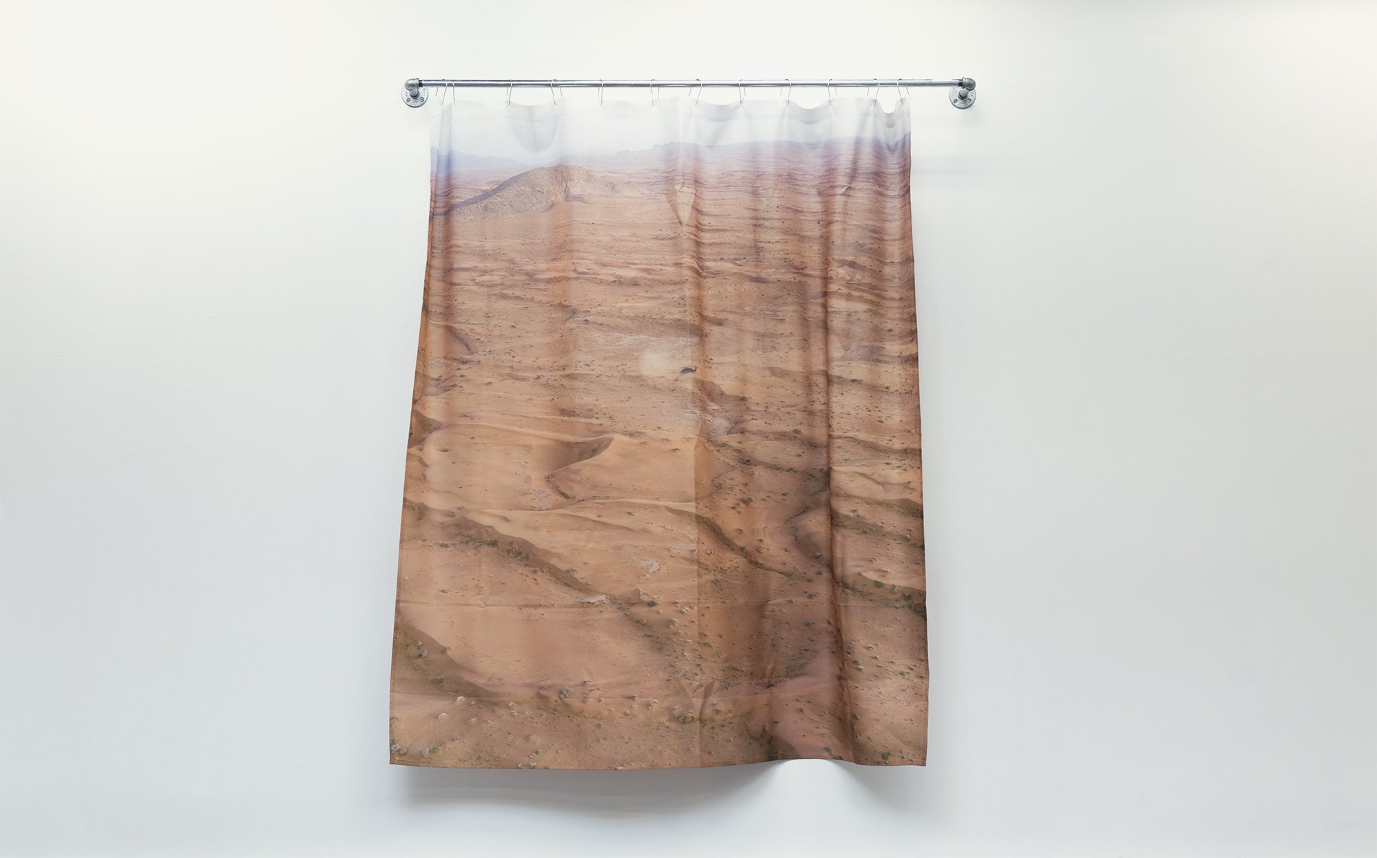   Printed shower curtain, metal hardware, fan  