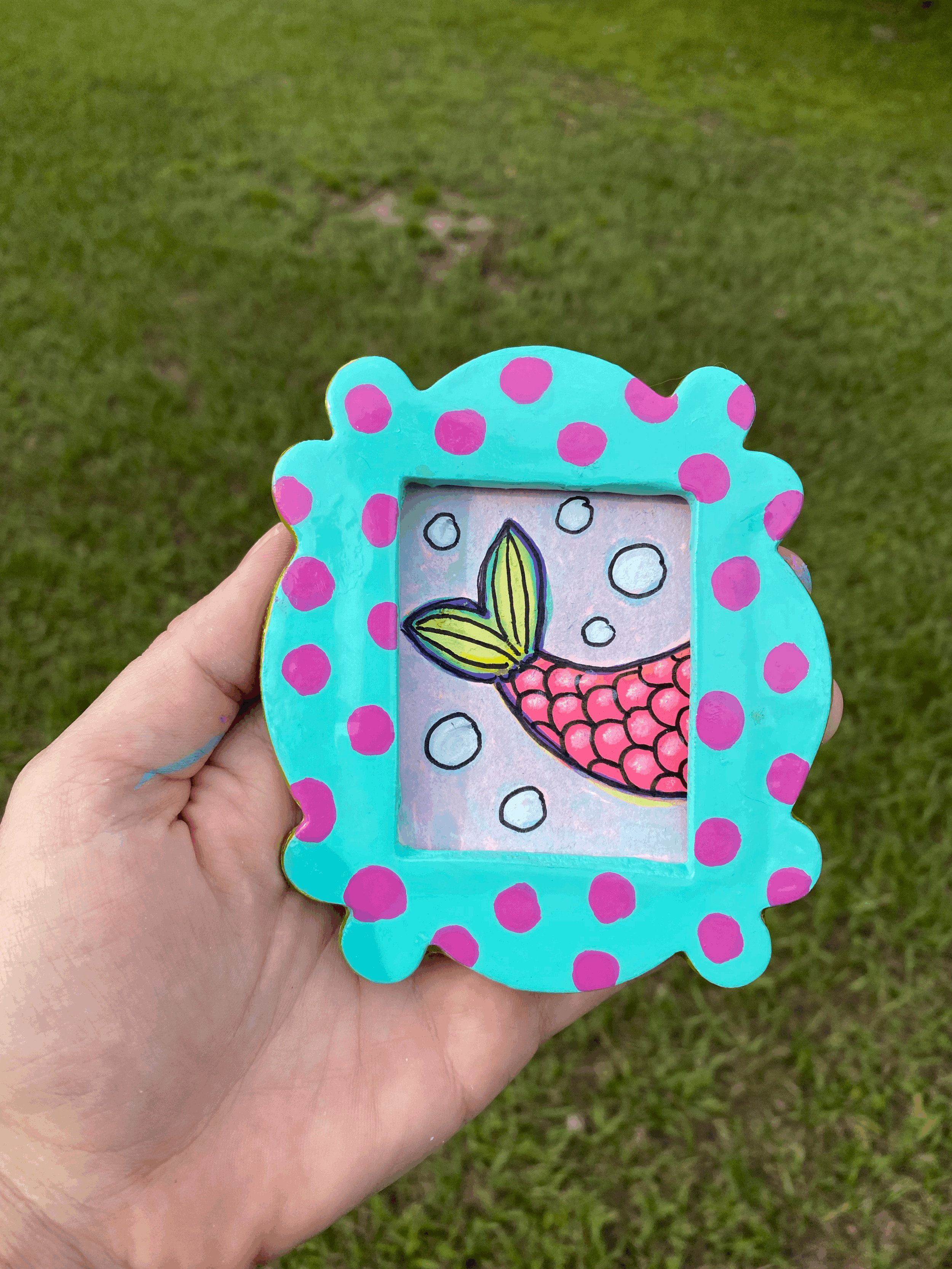 Pink Polka Dot Magnetic Frame (with mermaid tail drawing)
