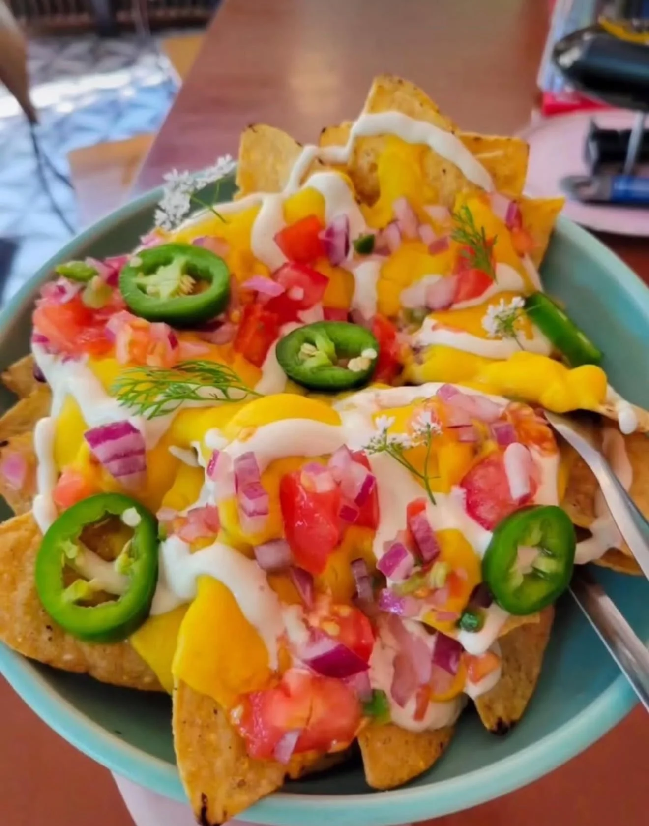 close up of vegan nachos in a bowl