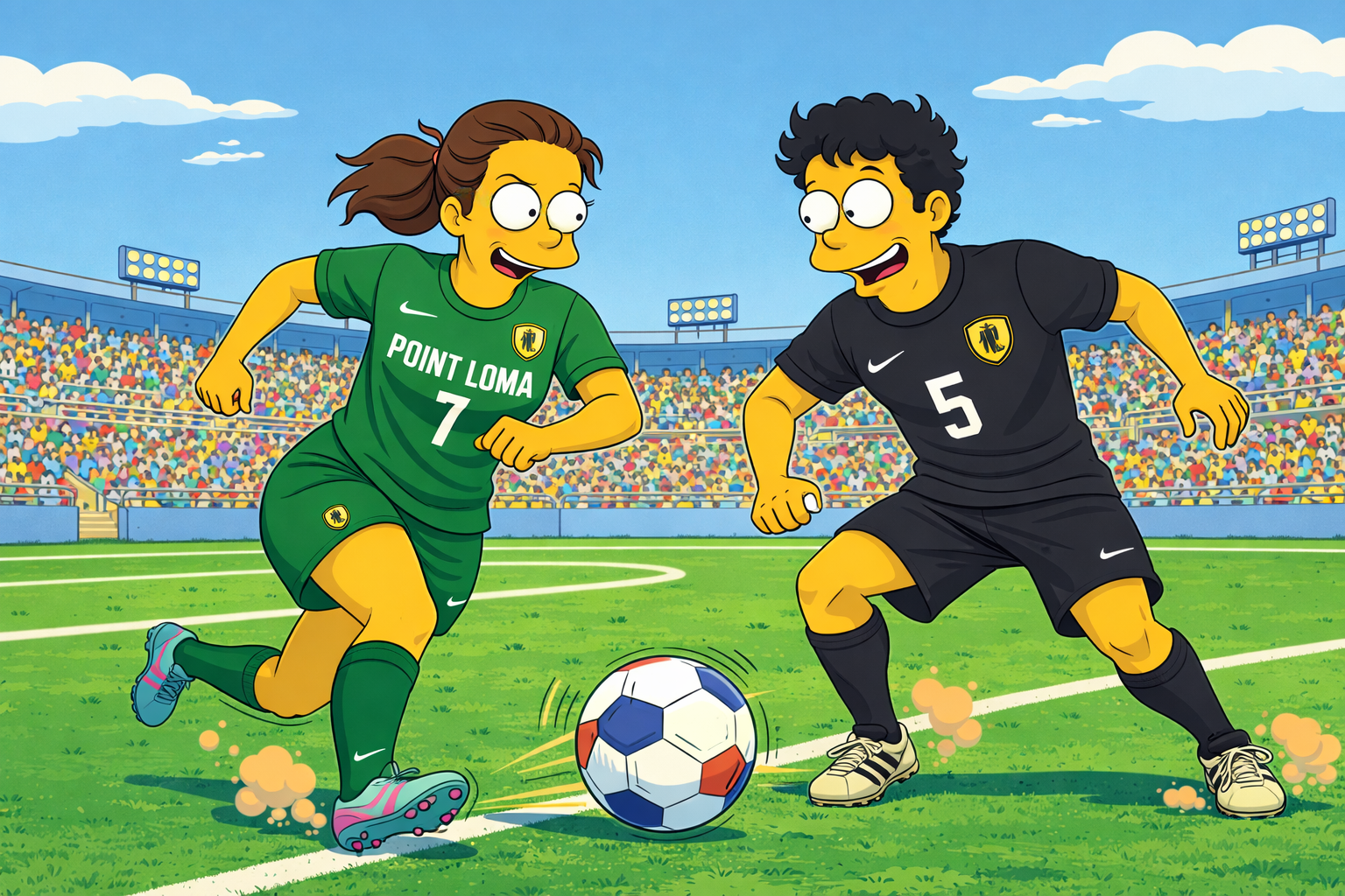 Create a bright, colorful cartoon scene in a classic American prime-time animated sitcom style.

Two soccer players are competing against each other on a sunny outdoor soccer field.

• A female player wearing a green uniform with jersey number 7, mat