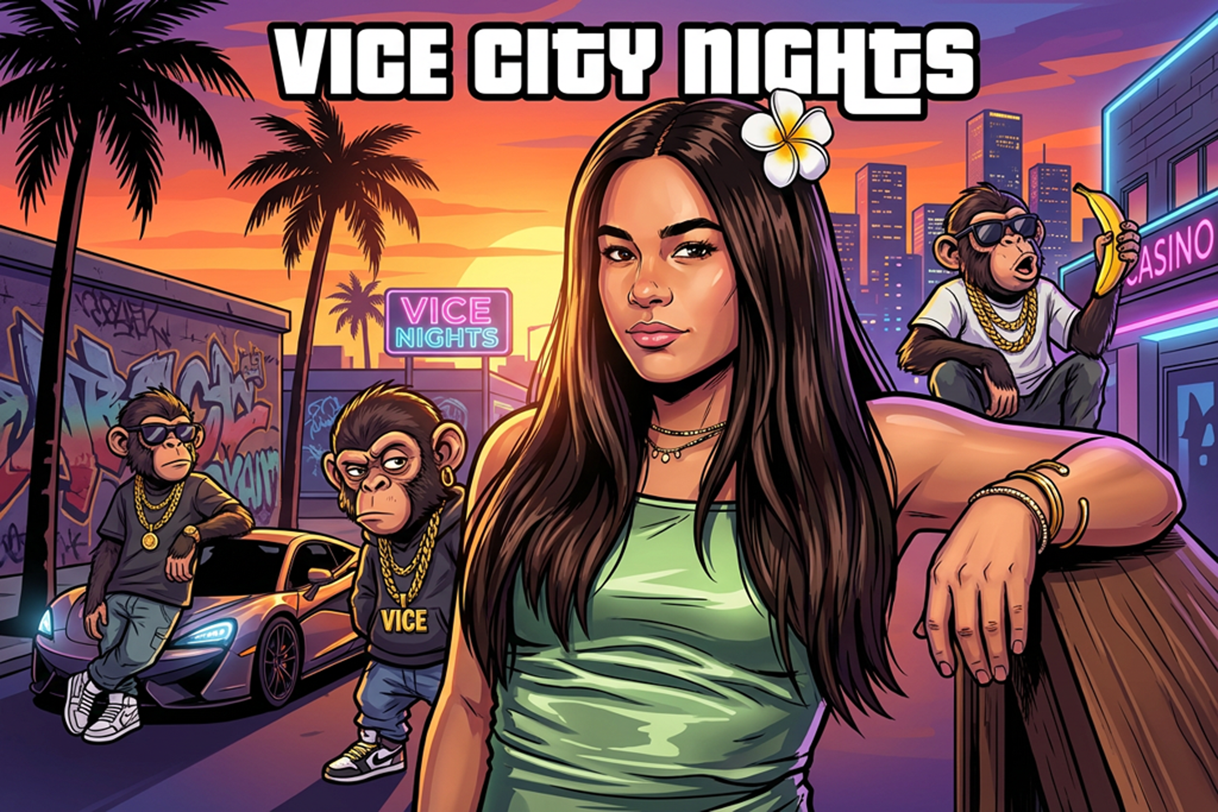 Transform this image into a stylized, illustrated action-art style inspired by the cover art aesthetic of the Grand Theft Auto video game series.

Keep the human subjects clearly recognizable — preserve their exact facial structure, bone structure, e