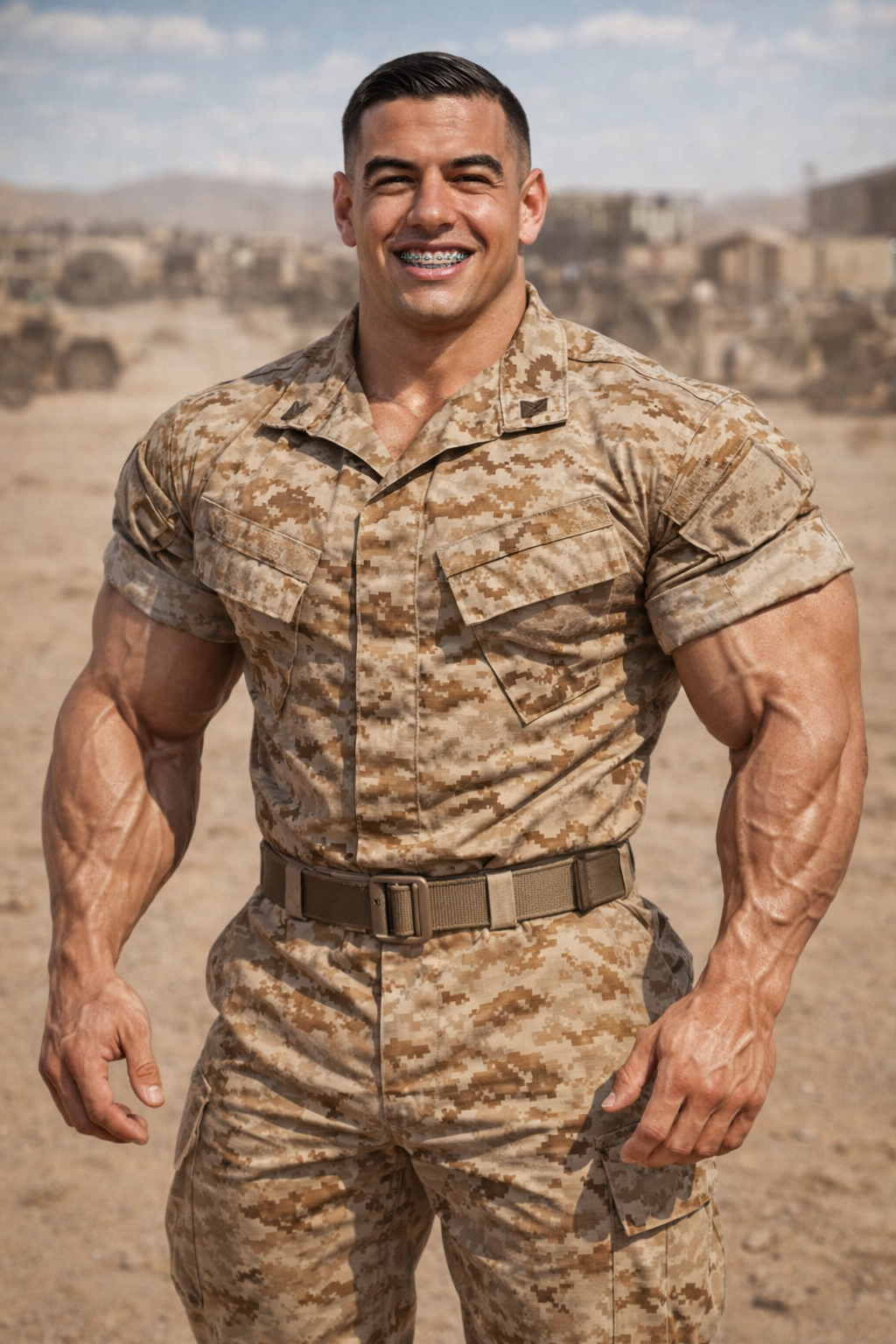 Create a hyper-realistic, cinematic portrait of the man in the reference image transformed into a world-class professional bodybuilder.

Maintain his exact facial identity, bone structure, hair, skin tone, and recognizable smile. Do not alter his ide