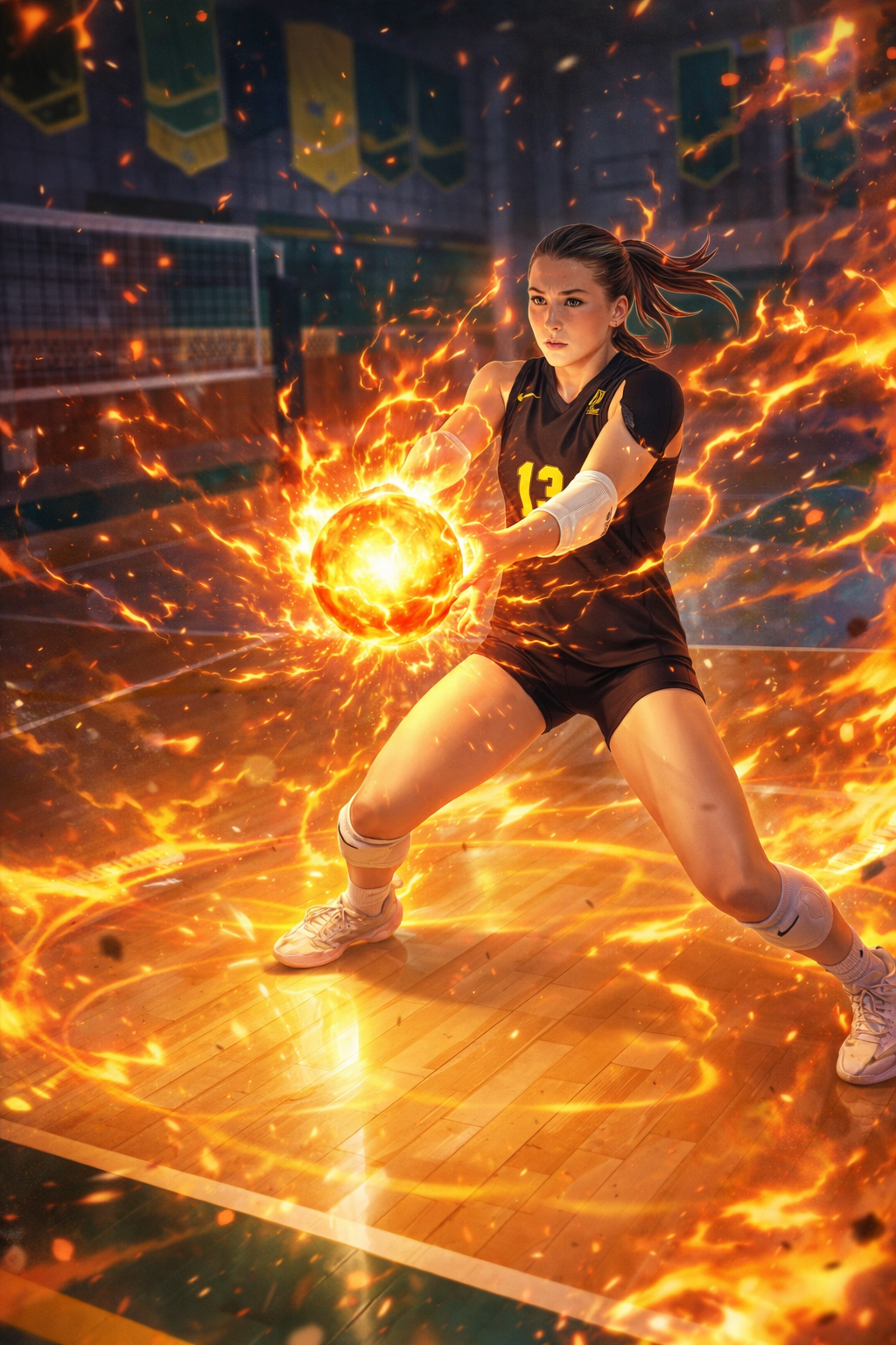 Use the provided volleyball image as the primary facial and identity reference. Preserve the athlete’s exact facial features, identity, skin tone, bone structure, hairstyle (tight ponytail), body proportions, and intense focused expression. Do not al