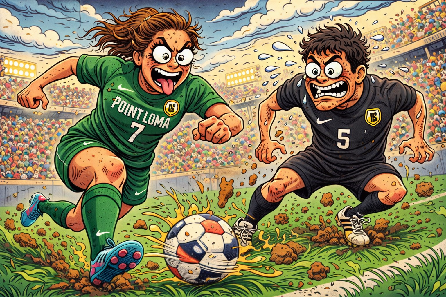 Create a chaotic, exaggerated cartoon scene in the style of 1990s gross-out animation.

Two soccer players are competing on a soccer field:

• A female player wearing a green uniform with jersey number 7, matching green socks, and cleats.
• A male pl
