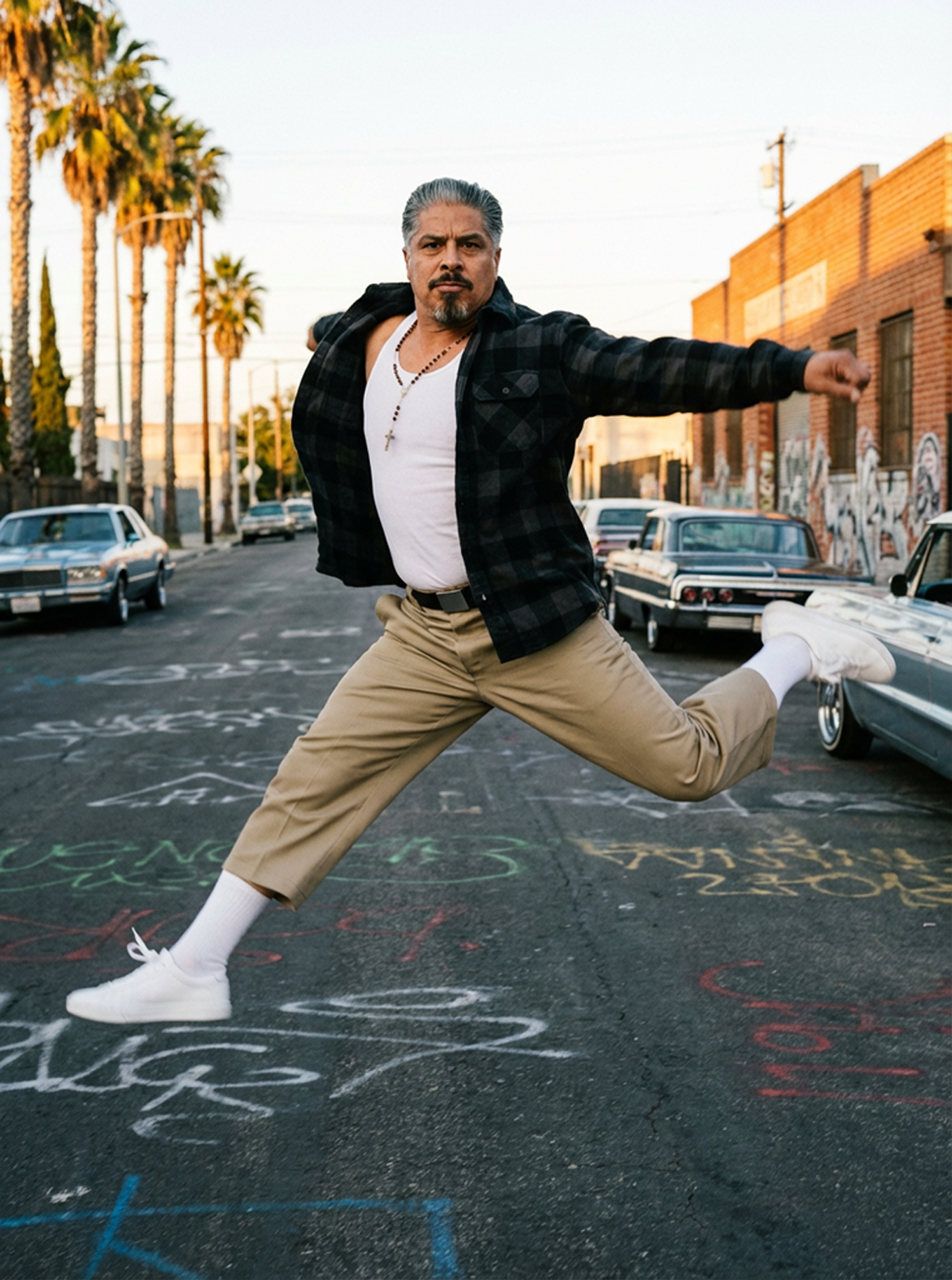 Transform the person in the image into a 1980s urban musical street-dance character inspired by West Side Story energy. Maintain the subject’s exact facial features, bone structure, skin tone, and recognizable identity. Do not alter their core appear