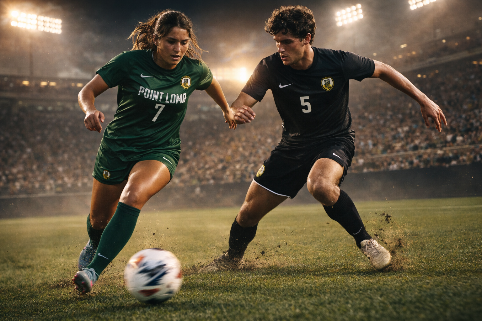 Create a hyper-realistic sports action photograph of two elite soccer players competing against each other on a professional outdoor soccer field.

One is a female player wearing a green uniform with jersey number 7, matching green socks, and modern 